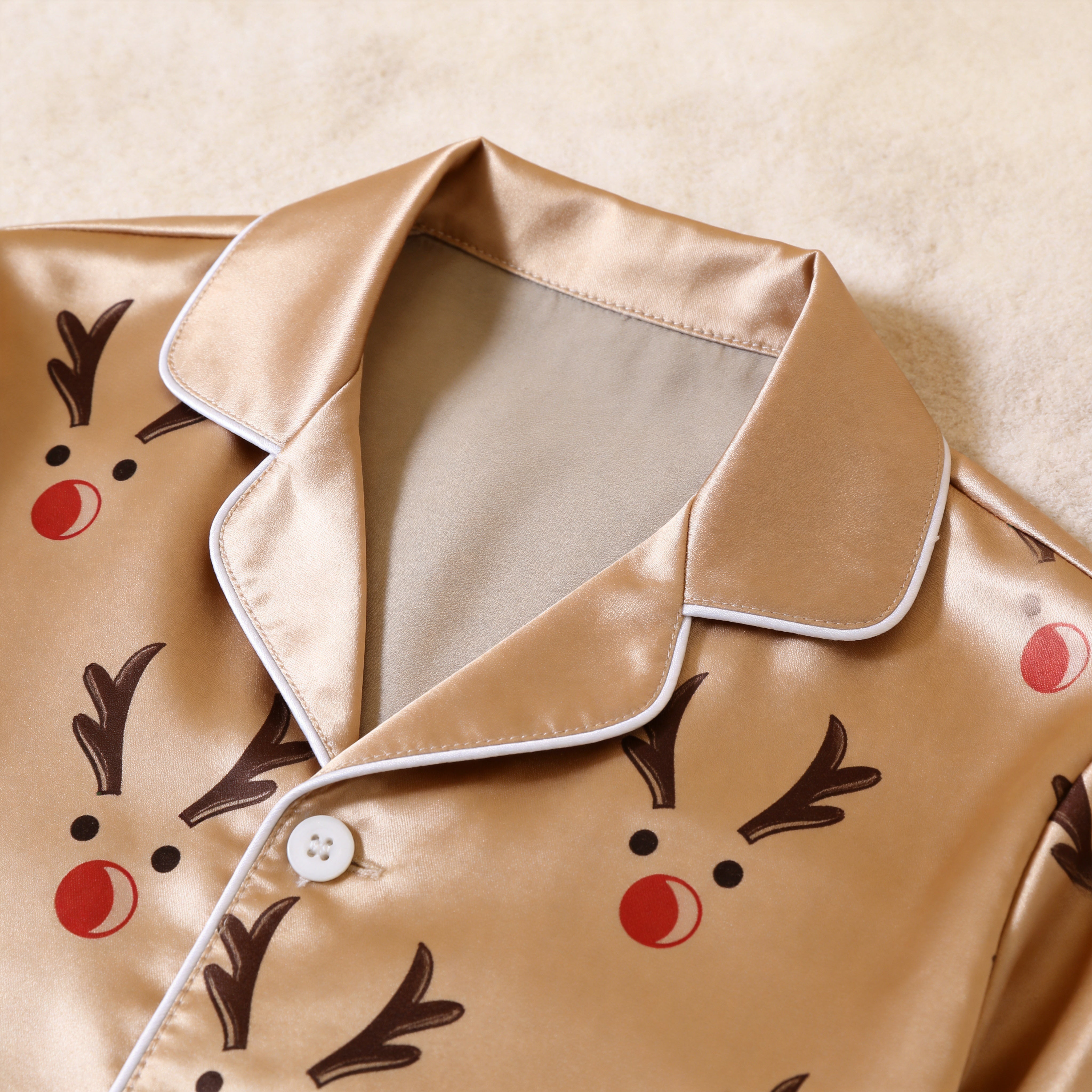 Cute Reindeer Face Print Satin Matching Pajamas for Couples – Long Sleeve Button-Down Top & Pants Sleepwear Set