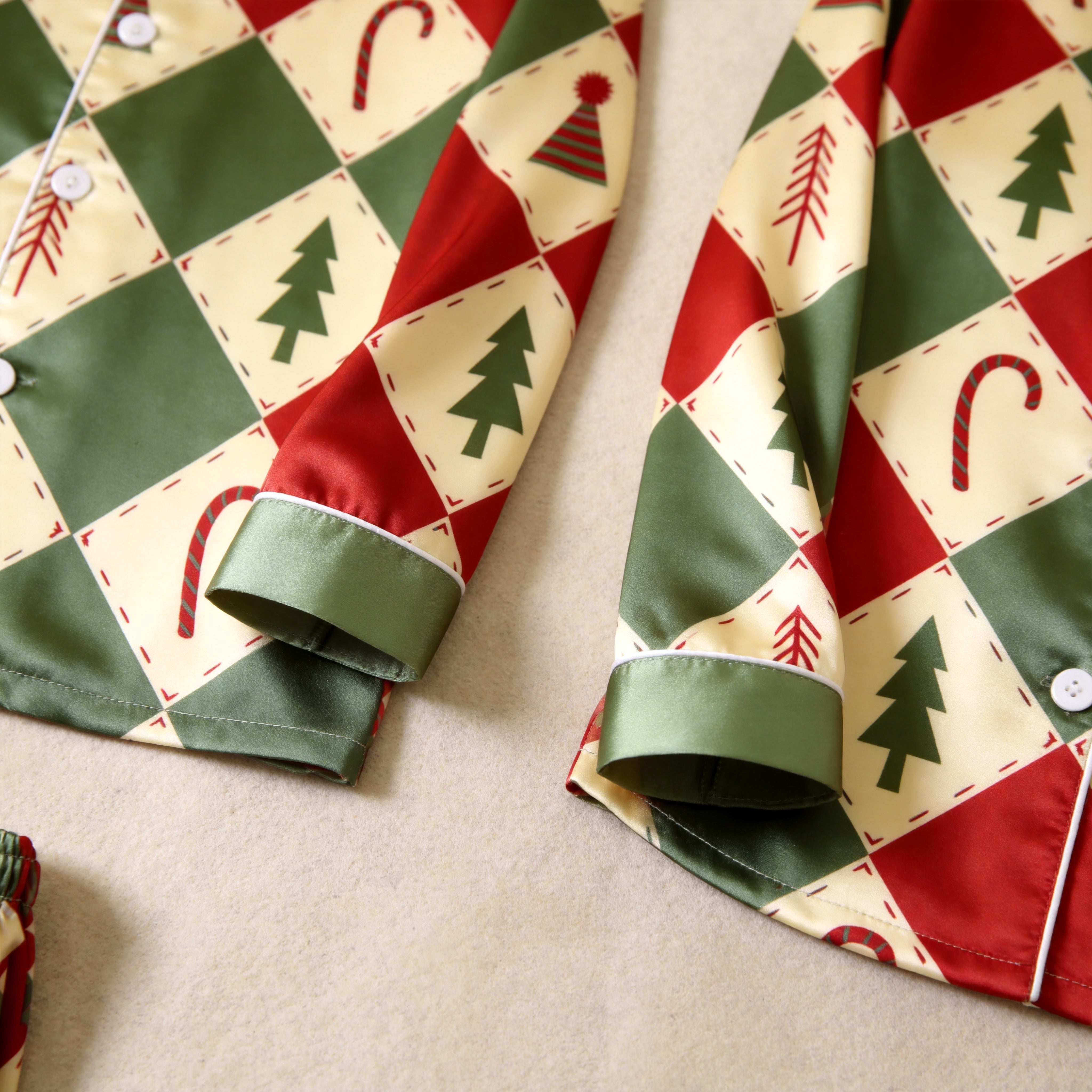 Red and Green Argyle Christmas Tree Print Satin Button-Up Family Pajamas Set