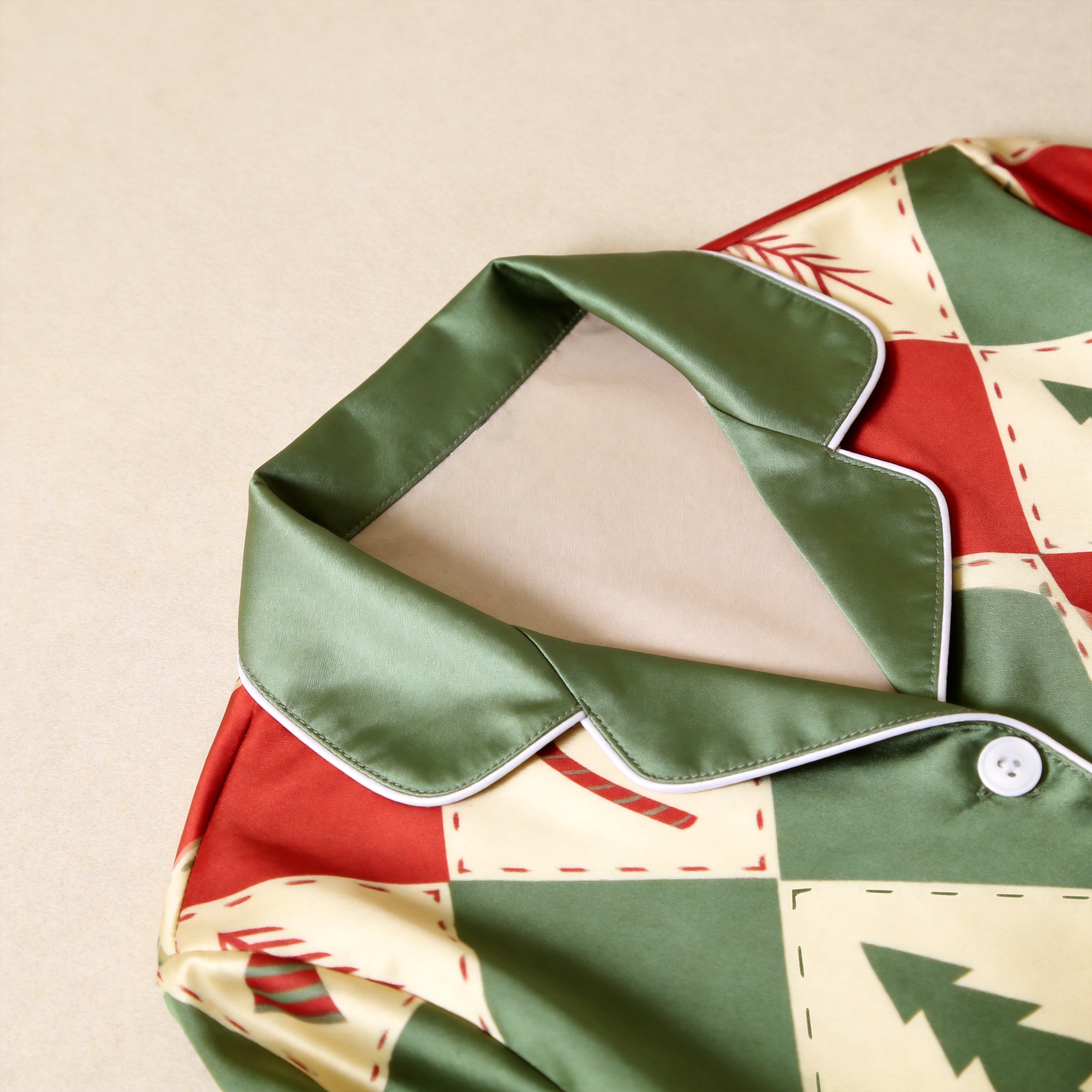Red and Green Argyle Christmas Tree Print Satin Button-Up Family Pajamas Set