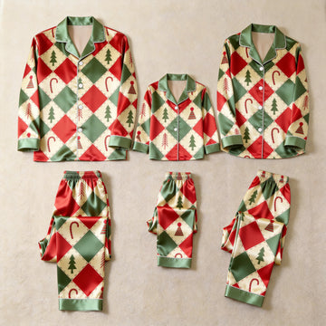 Red and Green Argyle Christmas Tree Print Satin Button-Up Family Pajamas Set