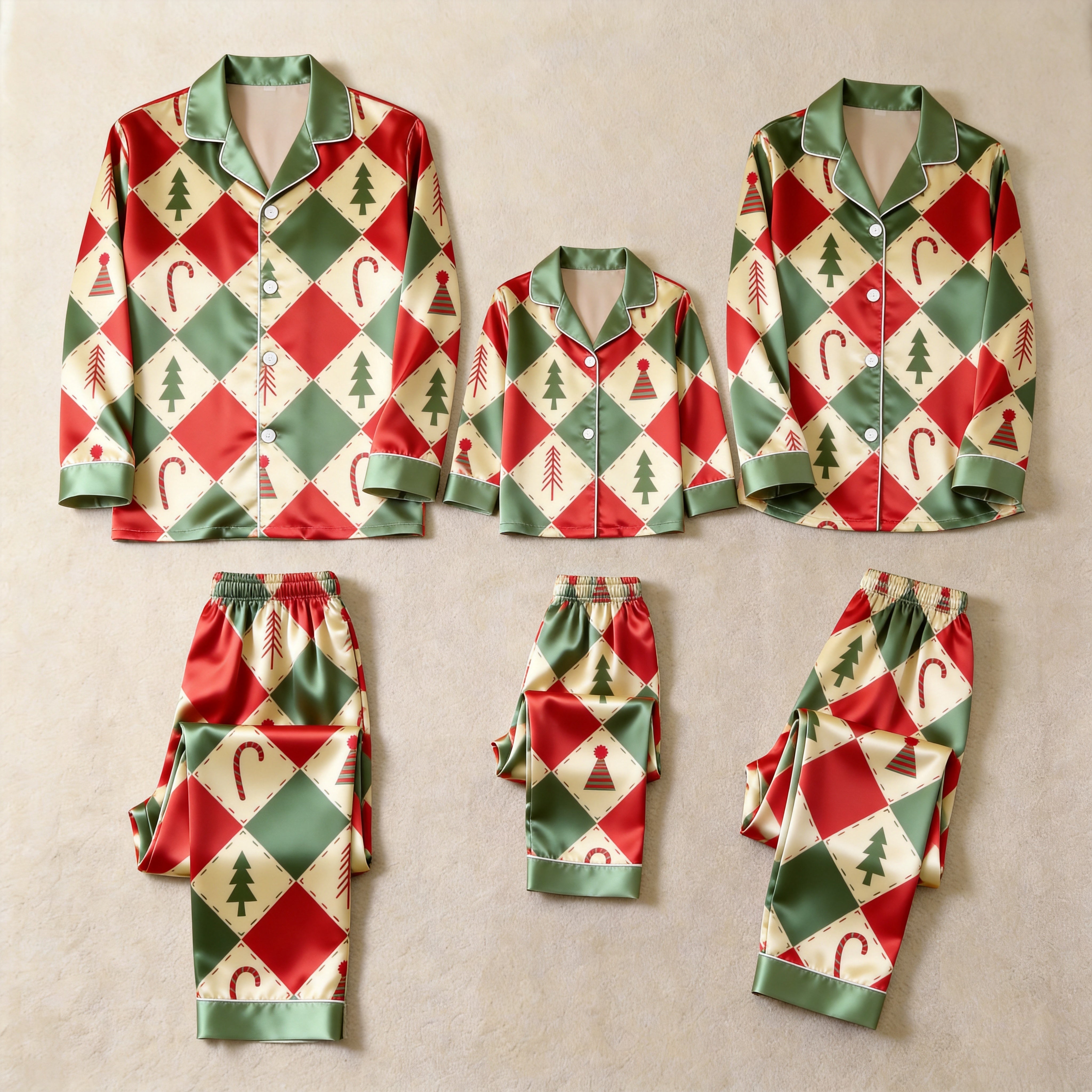 Red and Green Argyle Christmas Tree Print Satin Button-Up Family Pajamas Set