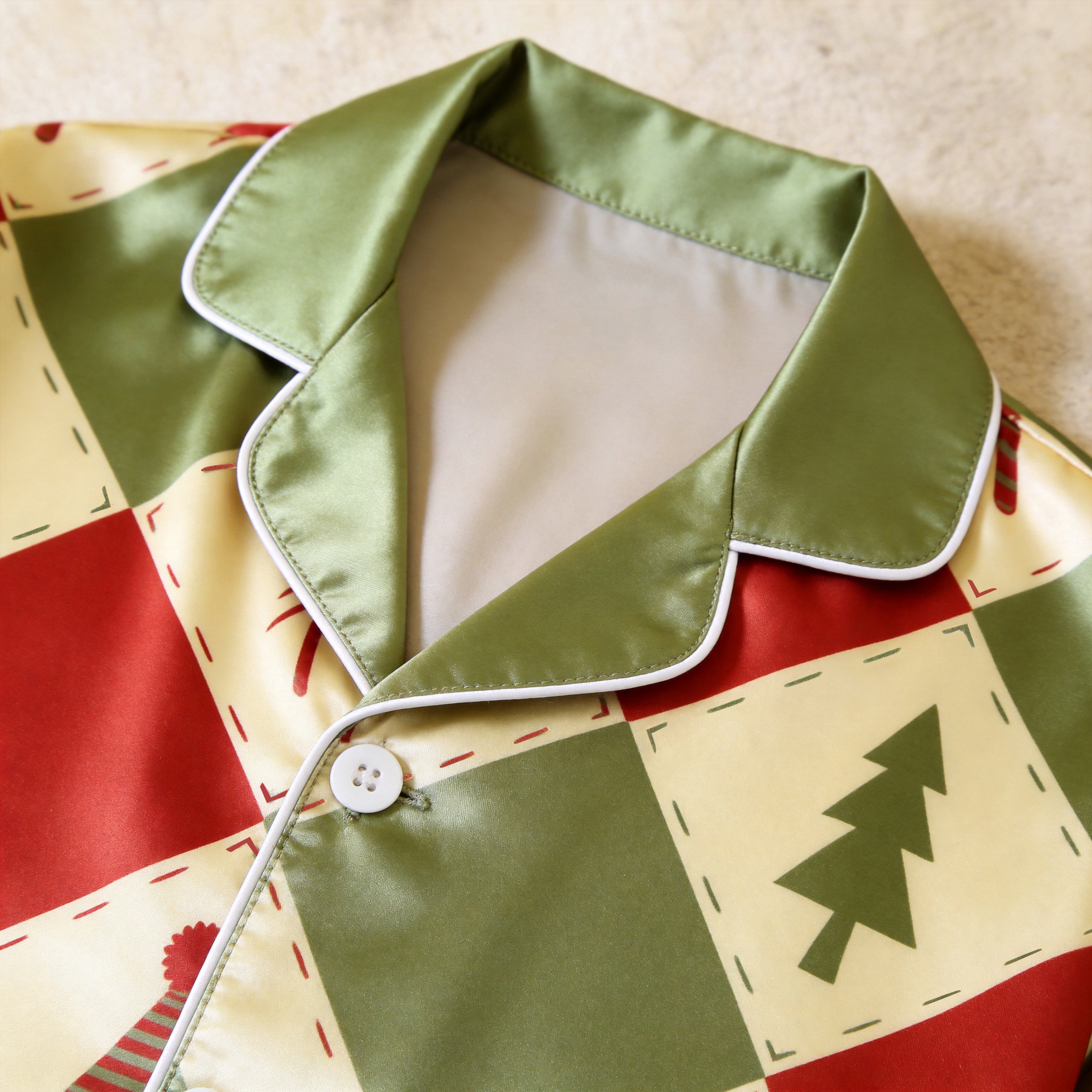 Retro Christmas Argyle & Candy Cane Satin Matching Pajamas for Couples – Long Sleeve Button-Down Top & Pants Sleepwear Set