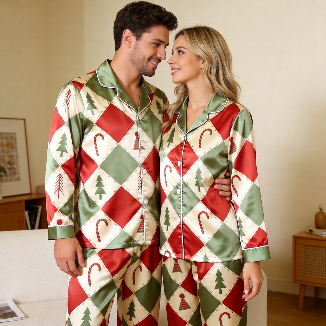 Retro Christmas Argyle & Candy Cane Satin Matching Pajamas for Couples – Long Sleeve Button-Down Top & Pants Sleepwear Set