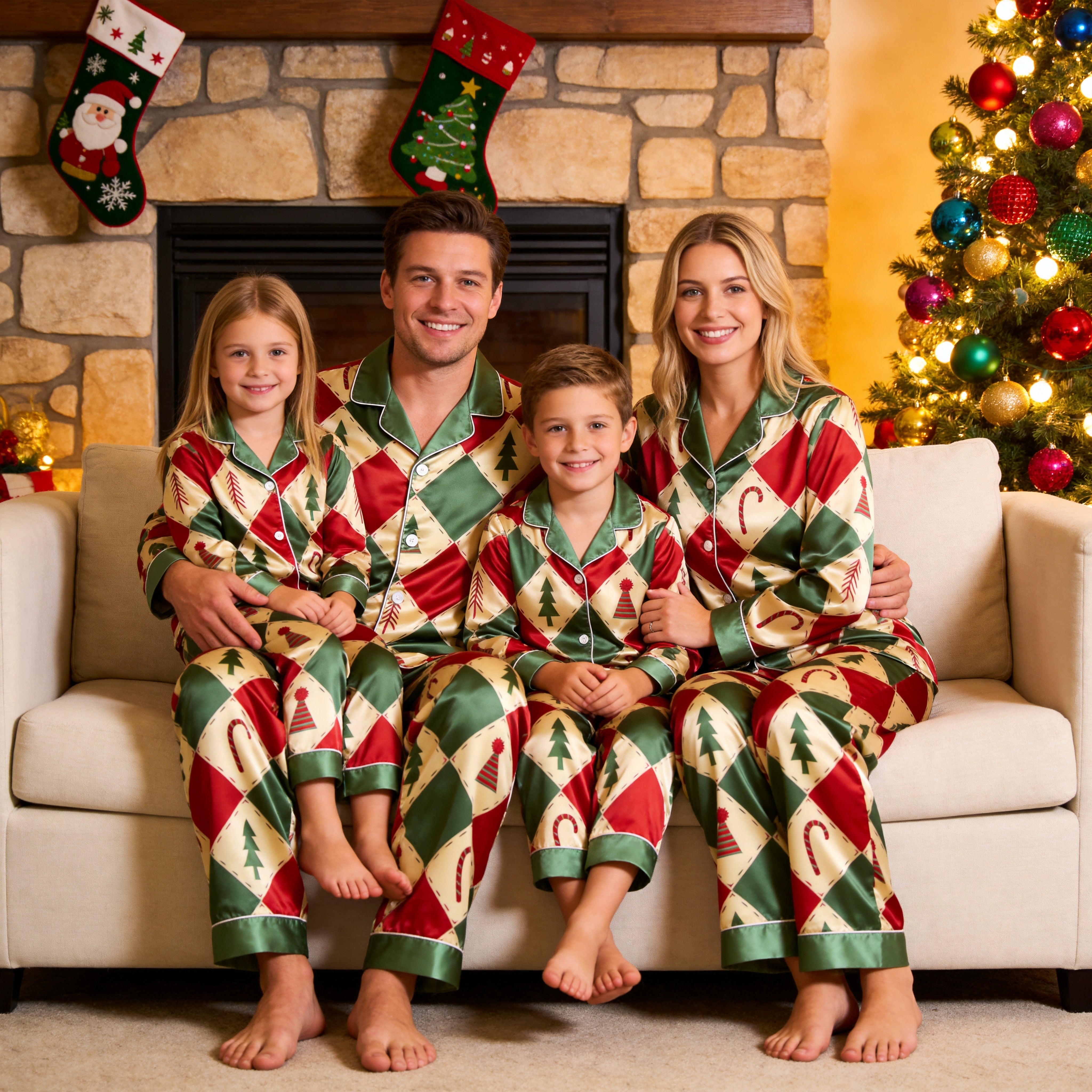 Red and Green Argyle Christmas Tree Print Satin Button-Up Family Pajamas Set
