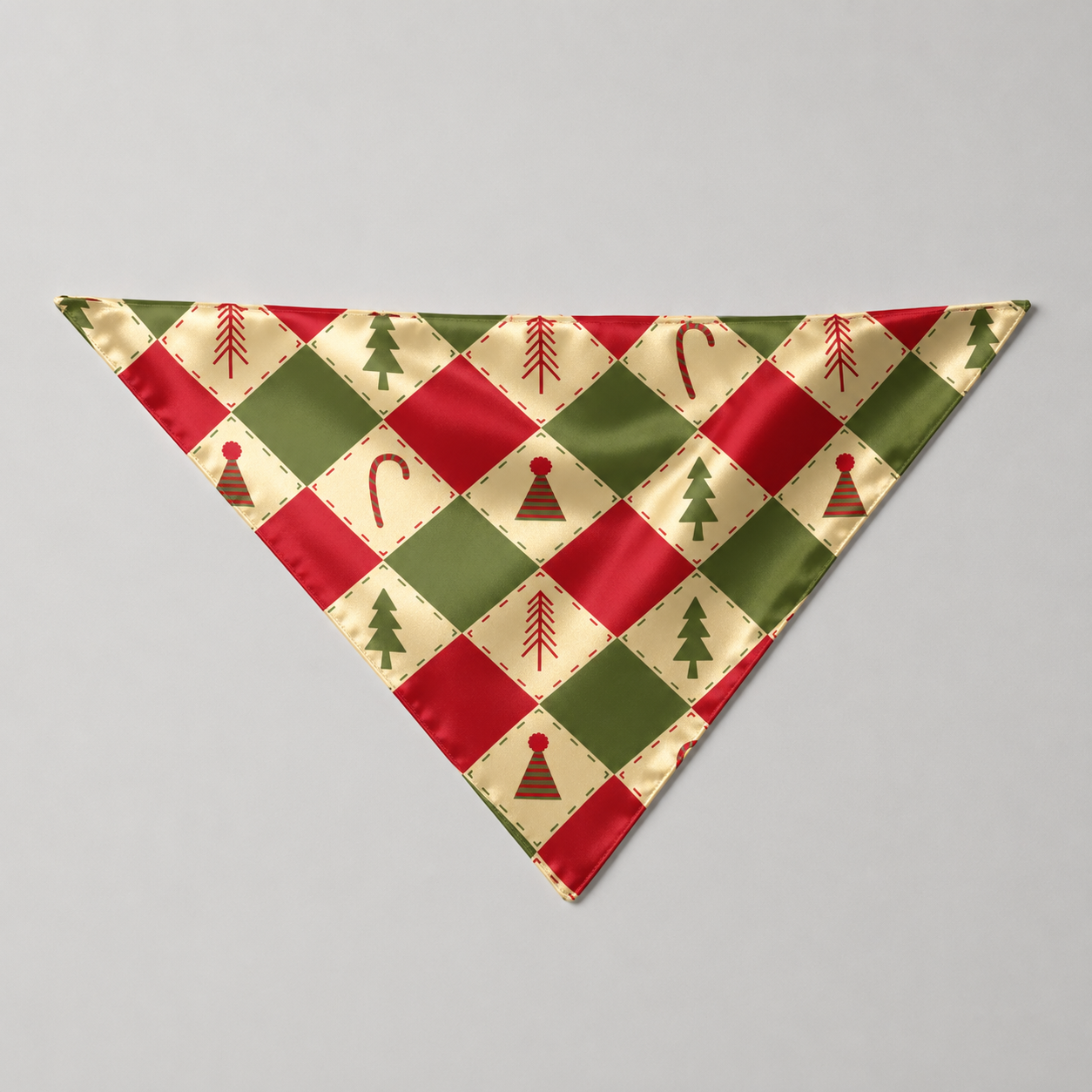 Red and Green Argyle Christmas Tree Print Satin Button-Up Family Pajamas Set