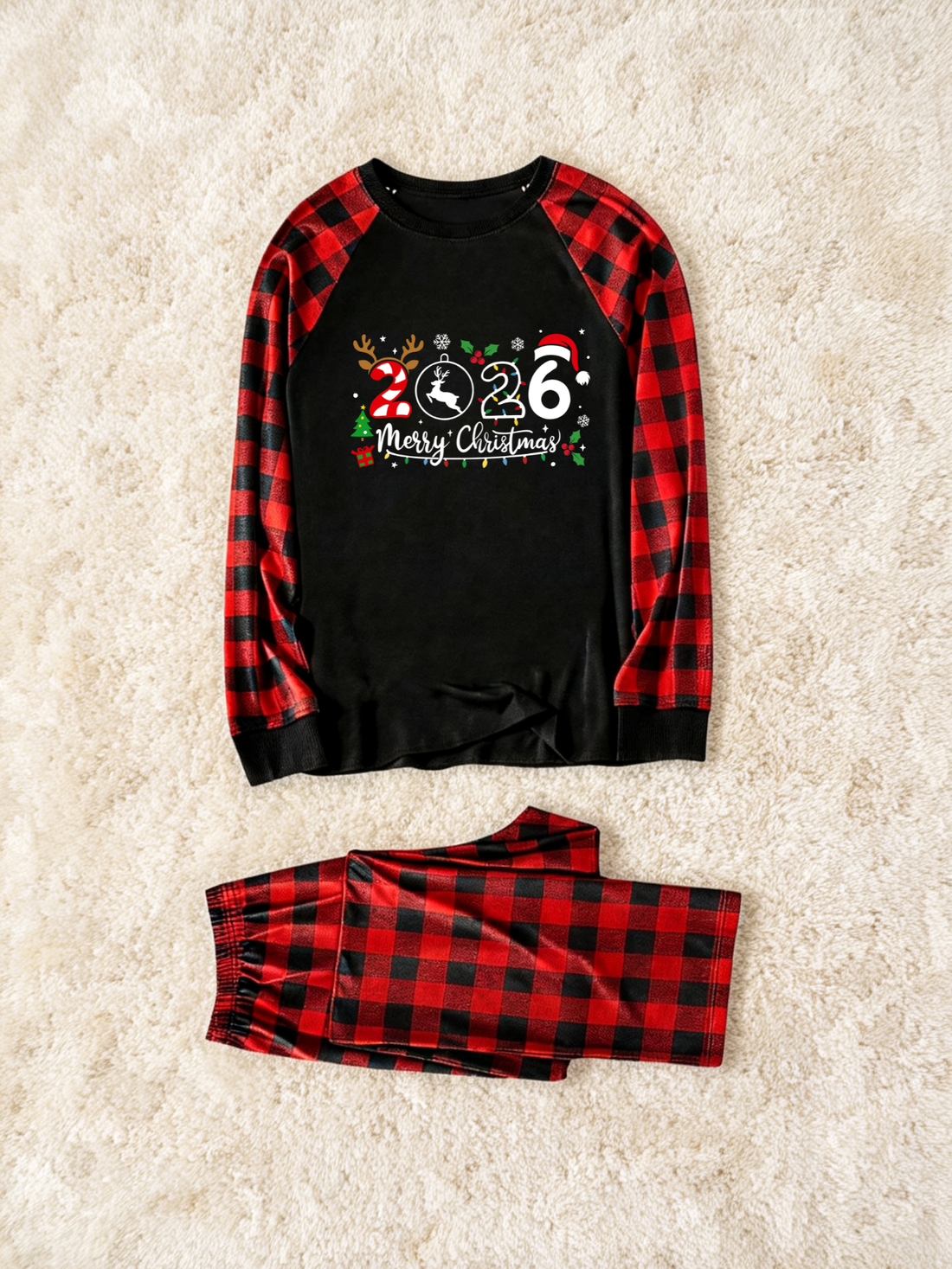 2026 Merry Christmas Family Matching Pajamas Set, Buffalo Plaid Raglan Long Sleeve Printed Top, Plaid Pants With Pockets Holiday Sleepwear