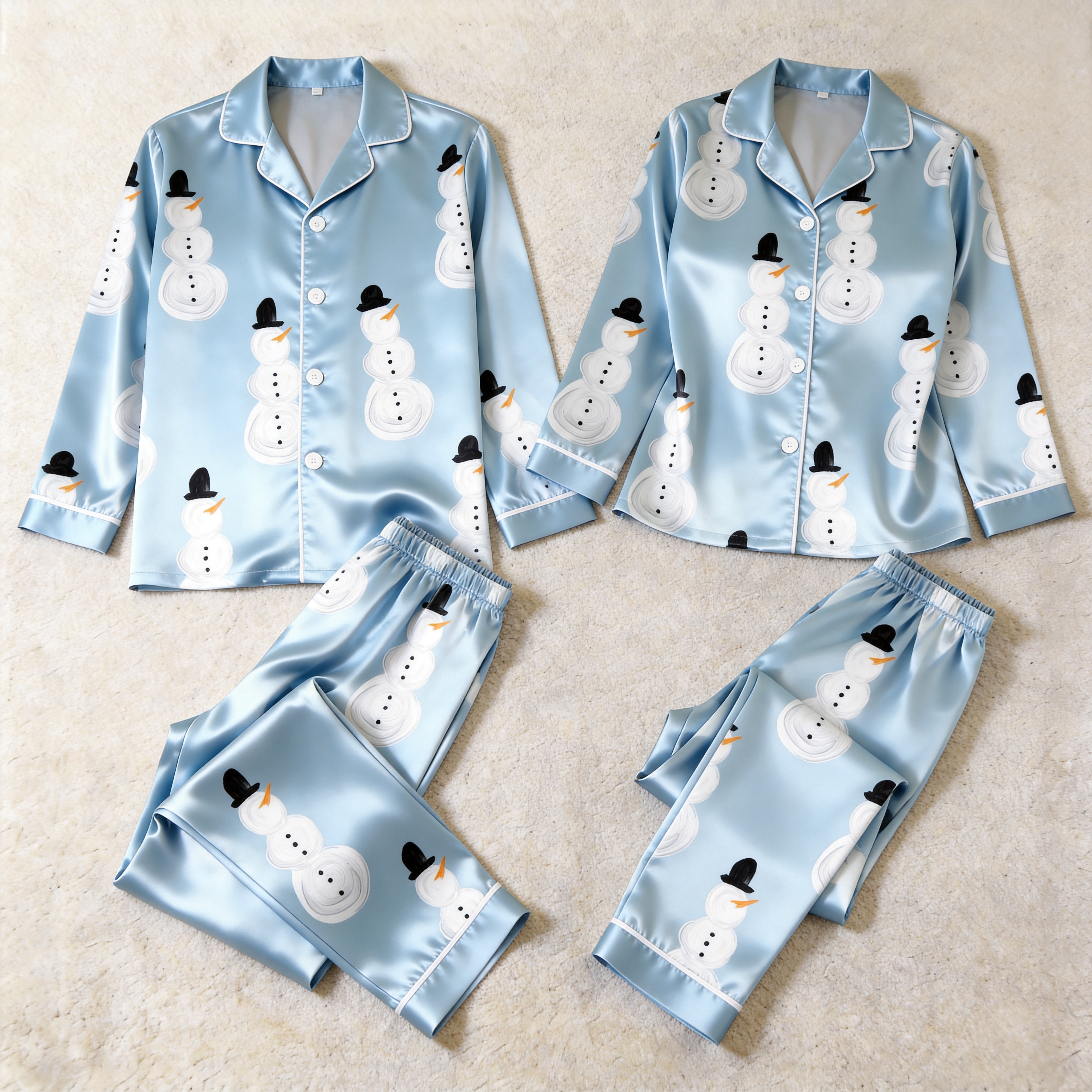 Snowman Print Satin Matching Pajamas for Couples – Long Sleeve Button-Down Top & Pants Sleepwear Set