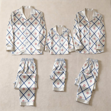 White Blue Diamond Grid Red Flower Print Satin Button-Up Family Christmas Pajamas Set
