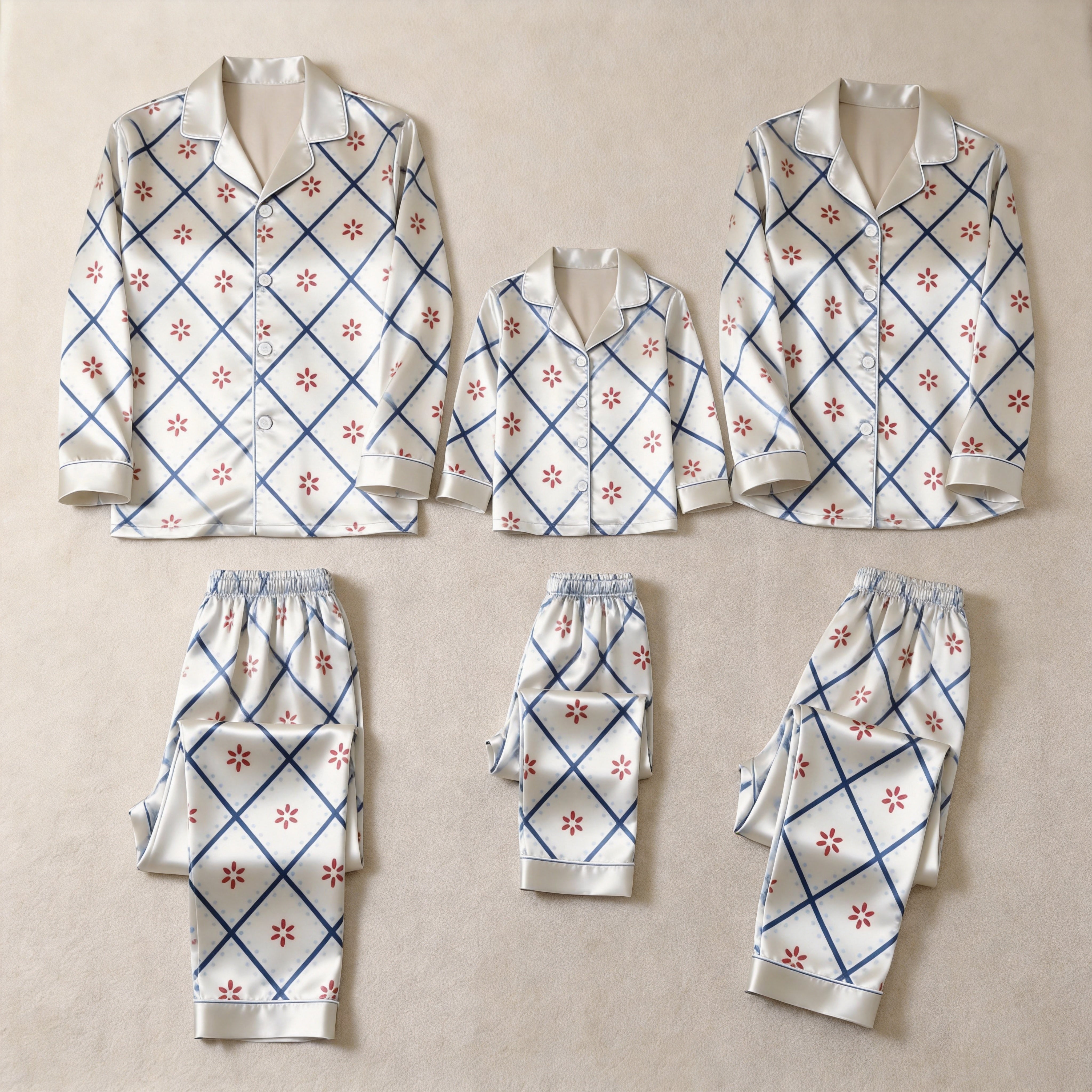White Blue Diamond Grid Red Flower Print Satin Button-Up Family Christmas Pajamas Set