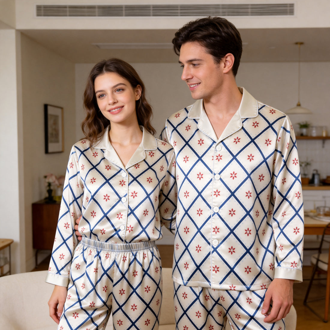 Vintage Floral Diamond Grid Satin Matching Pajamas for Couples – Long Sleeve Button-Down Top & Pants Sleepwear Set
