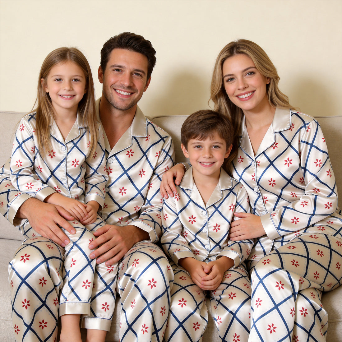 White Blue Diamond Grid Red Flower Print Satin Button-Up Family Christmas Pajamas Set