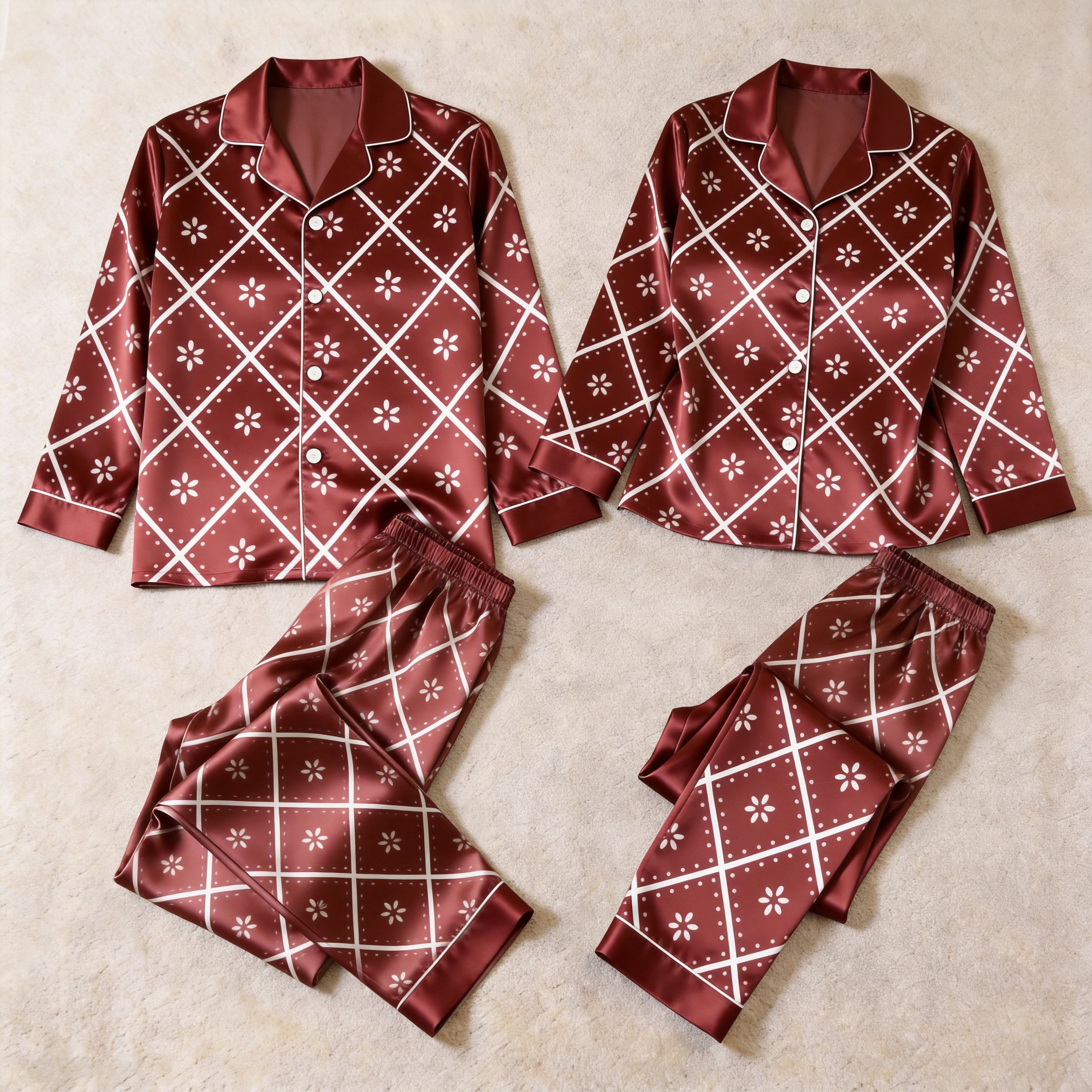 Burgundy Floral Diamond Grid Satin Matching Pajamas for Couples – Long Sleeve Button-Down Top & Pants Sleepwear Set