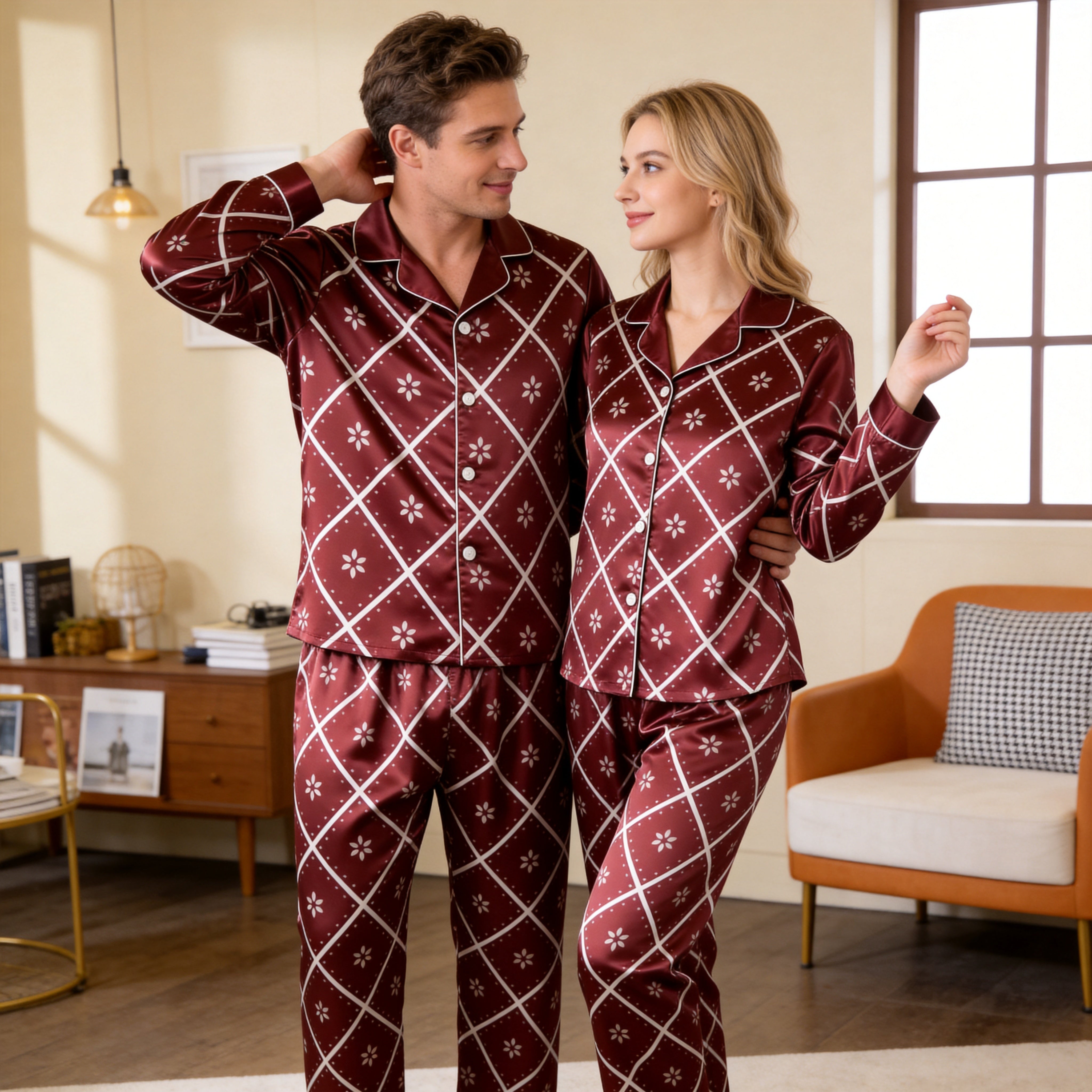 Burgundy Floral Diamond Grid Satin Matching Pajamas for Couples – Long Sleeve Button-Down Top & Pants Sleepwear Set