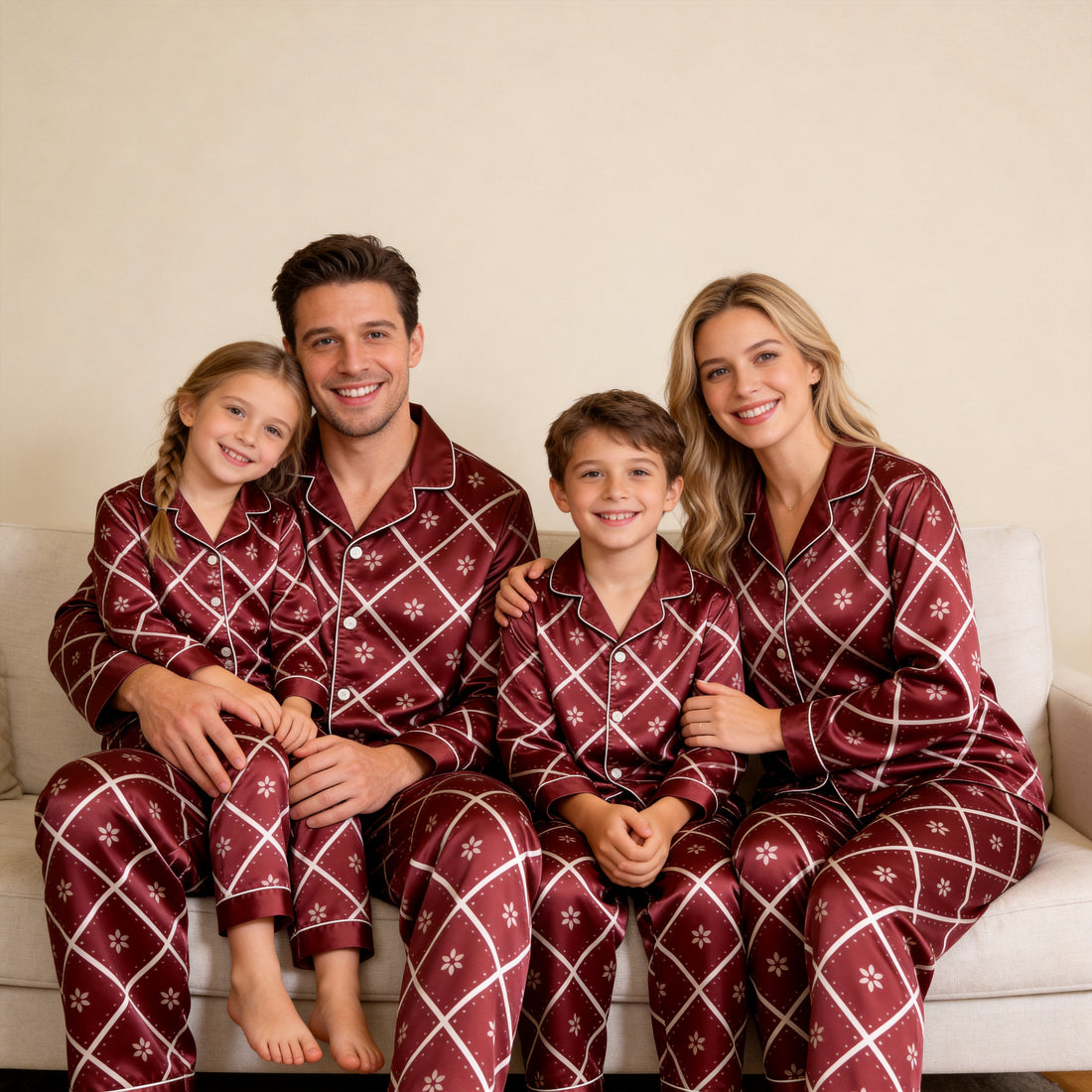 Burgundy White Diamond Grid Floral Print Satin Button-Up Family Christmas Pajamas Set