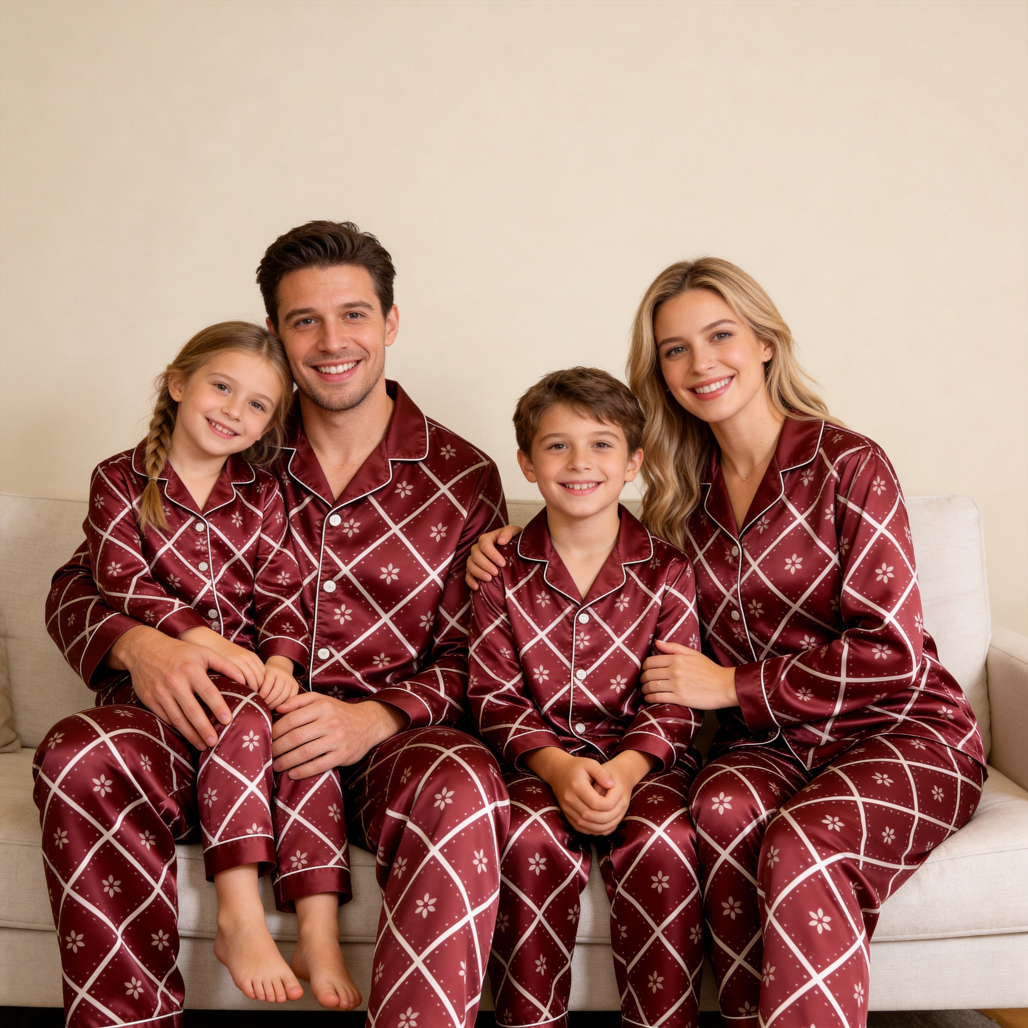 Burgundy White Diamond Grid Floral Print Satin Button-Up Family Christmas Pajamas Set