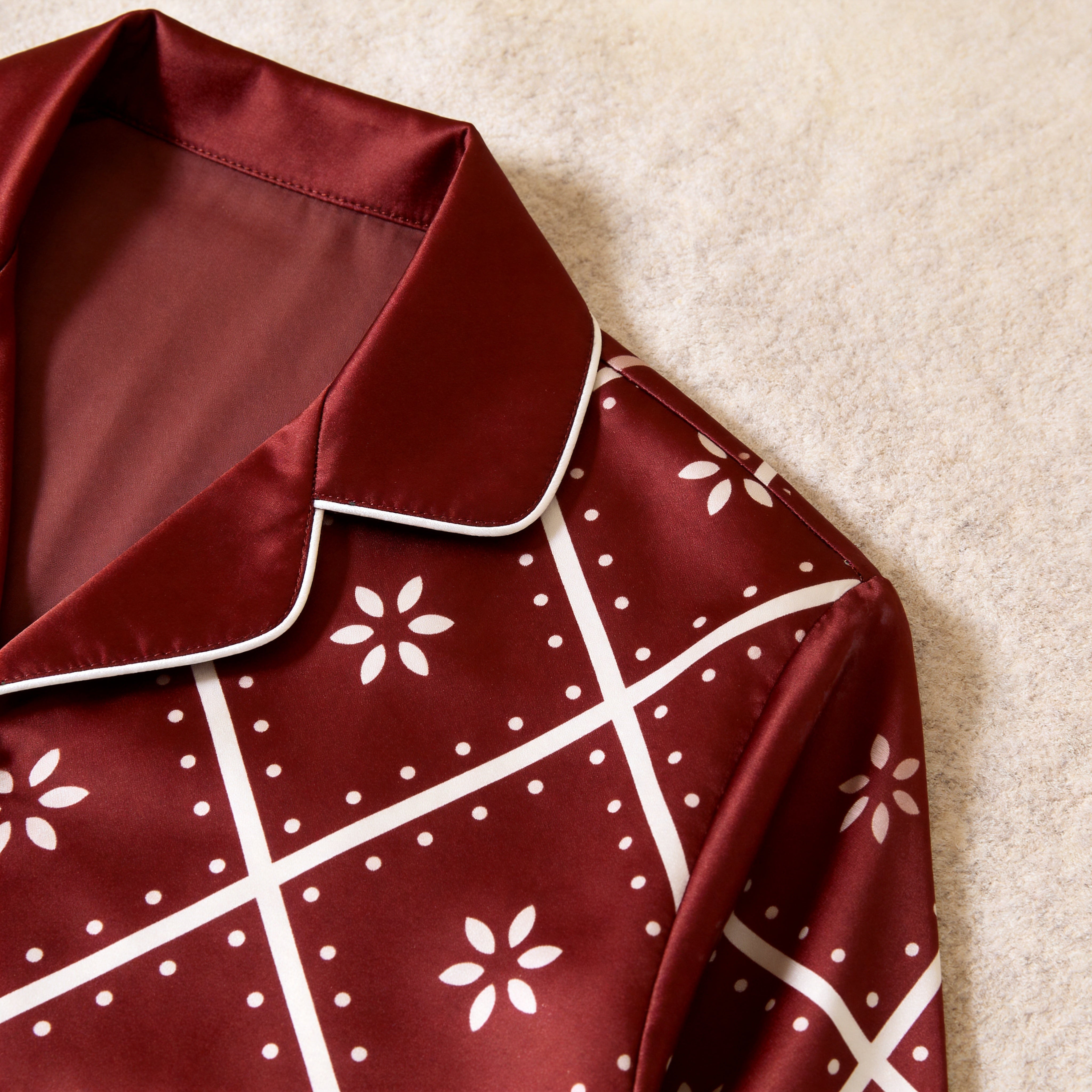 Burgundy White Diamond Grid Floral Print Satin Button-Up Family Christmas Pajamas Set