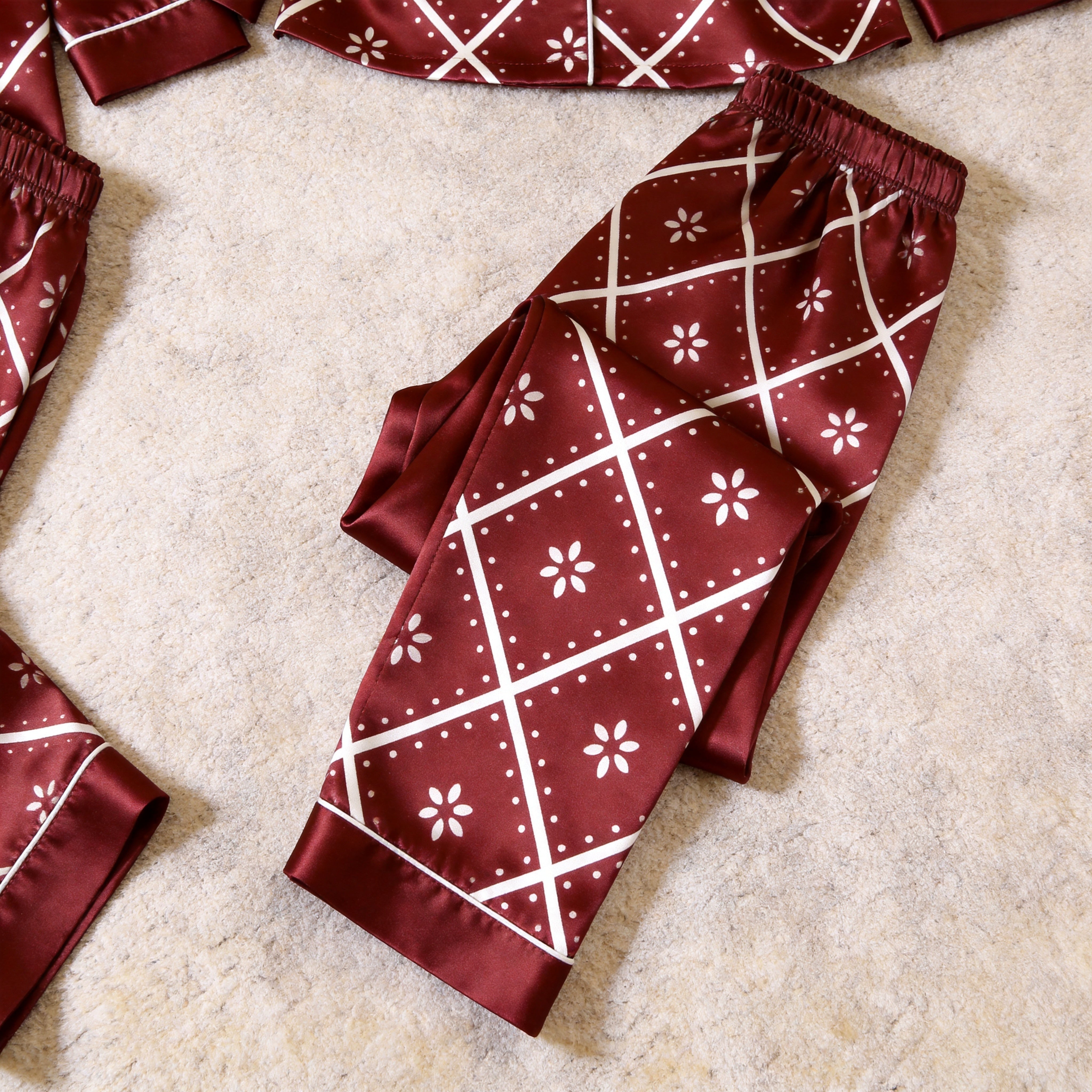 Burgundy Floral Diamond Grid Satin Matching Pajamas for Couples – Long Sleeve Button-Down Top & Pants Sleepwear Set