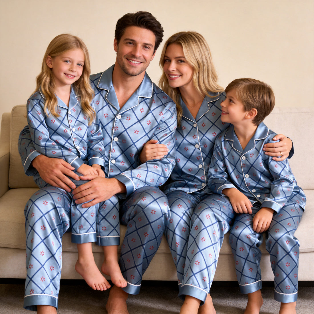 Light Blue Diamond Grid Red Floral Print Satin Button-Up Family Christmas Pajamas Set