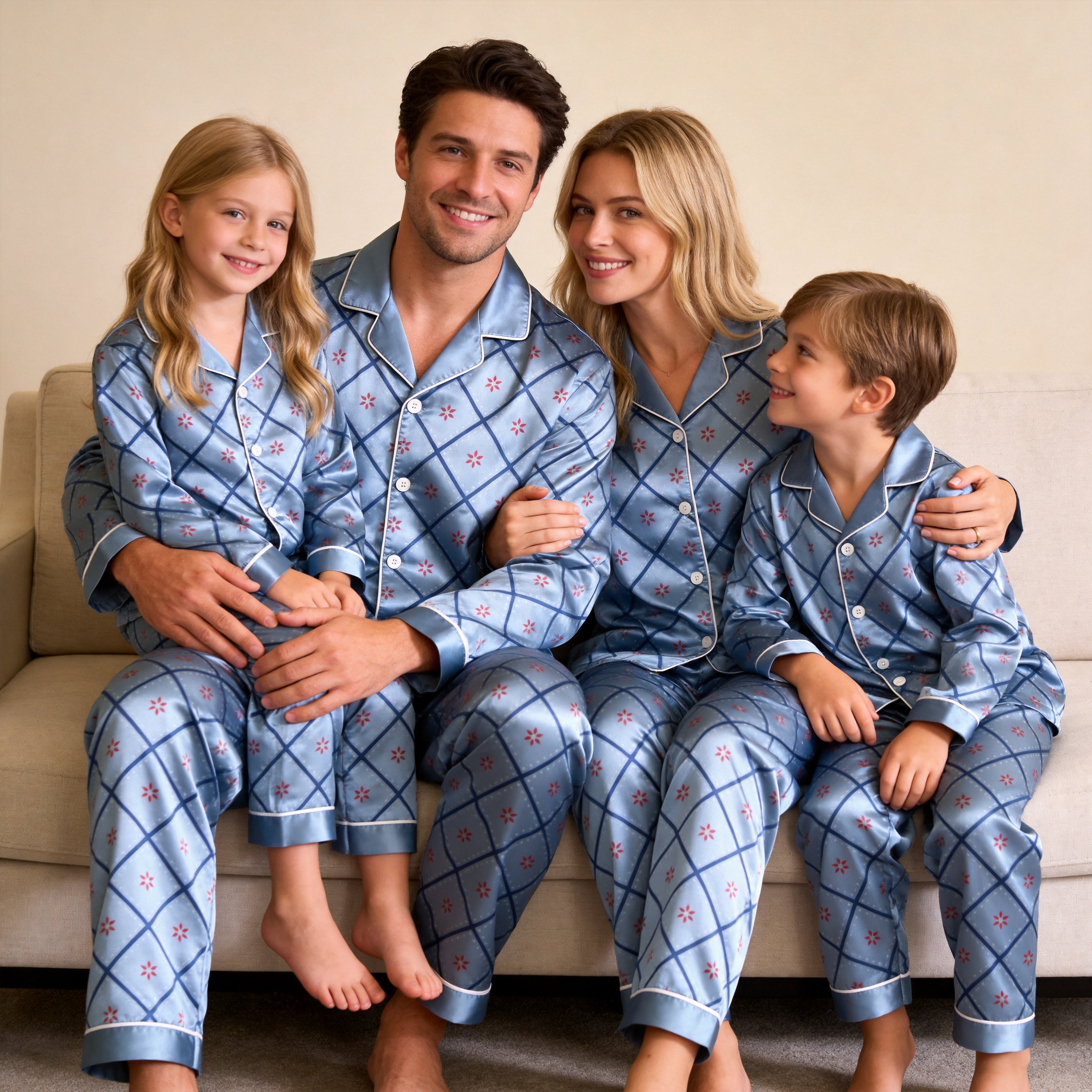 Light Blue Diamond Grid Red Floral Print Satin Button-Up Family Christmas Pajamas Set