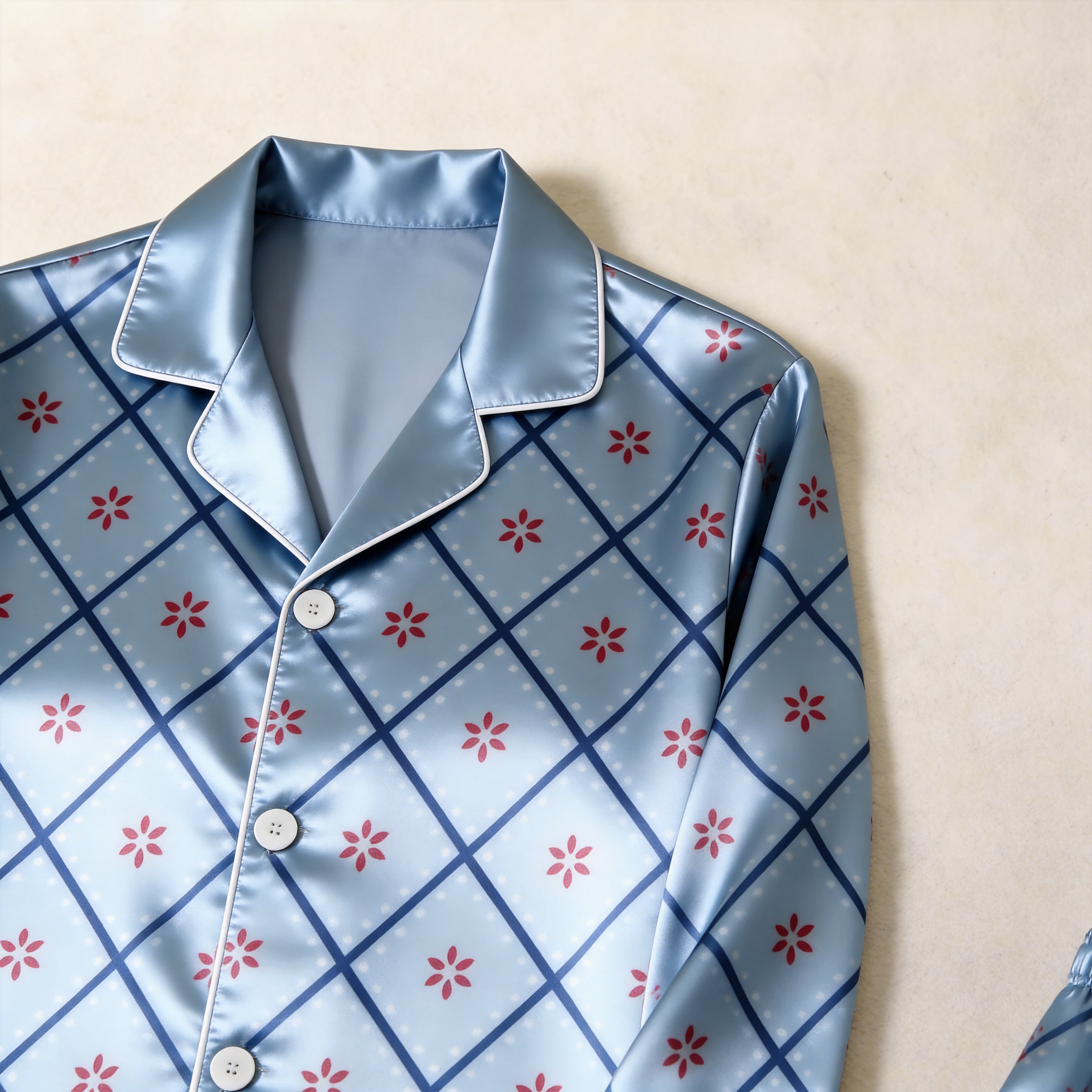 Light Blue Diamond Grid Red Floral Print Satin Button-Up Family Christmas Pajamas Set