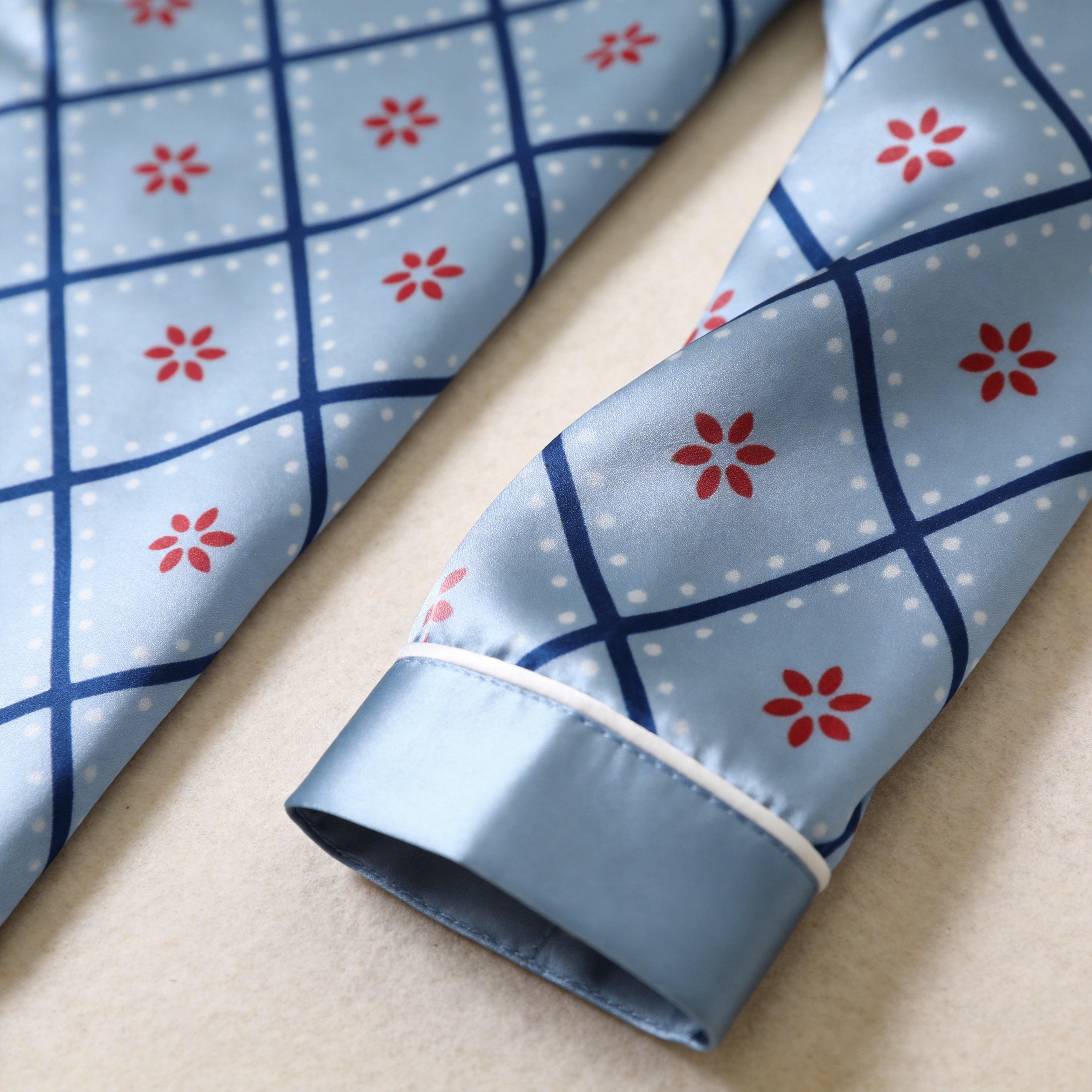 Soft Blue Geometric Floral Diamond Satin Matching Pajamas for Couples – Long Sleeve Button-Down Top & Pants Sleepwear Set