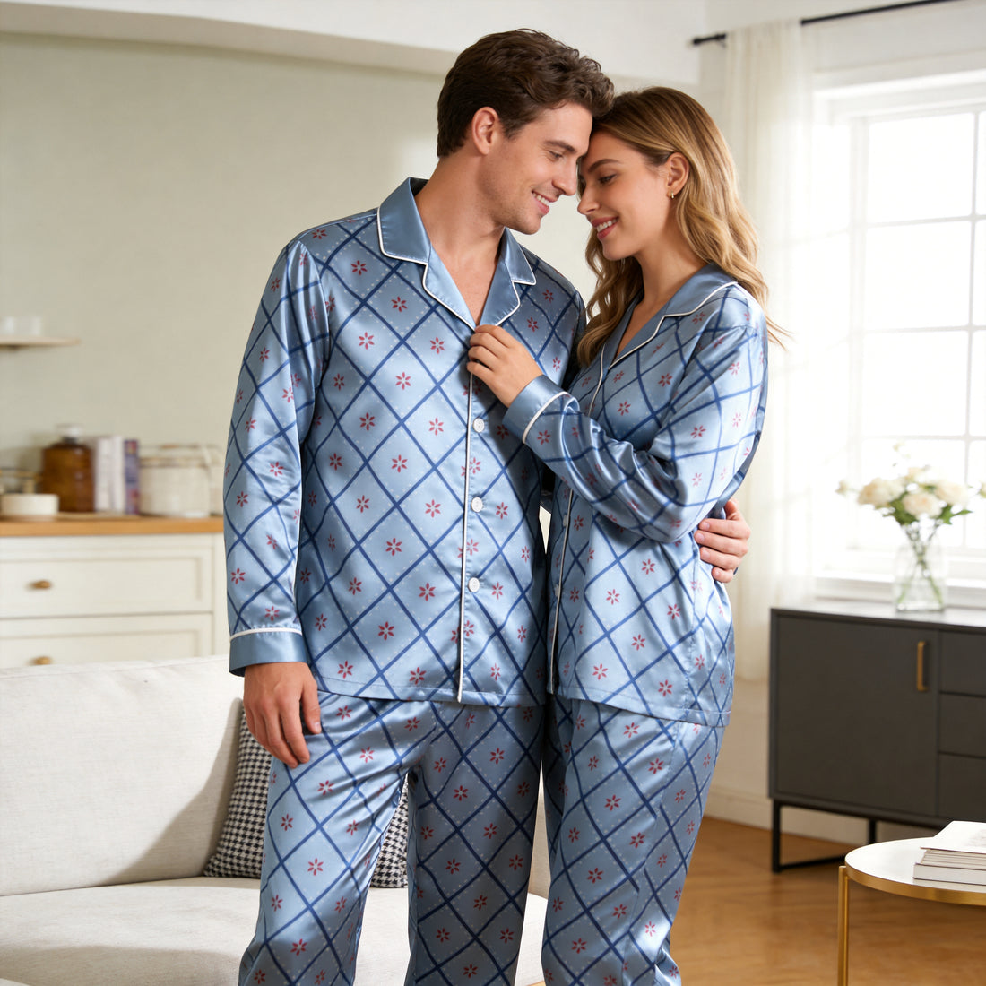 Soft Blue Geometric Floral Diamond Satin Matching Pajamas for Couples – Long Sleeve Button-Down Top & Pants Sleepwear Set