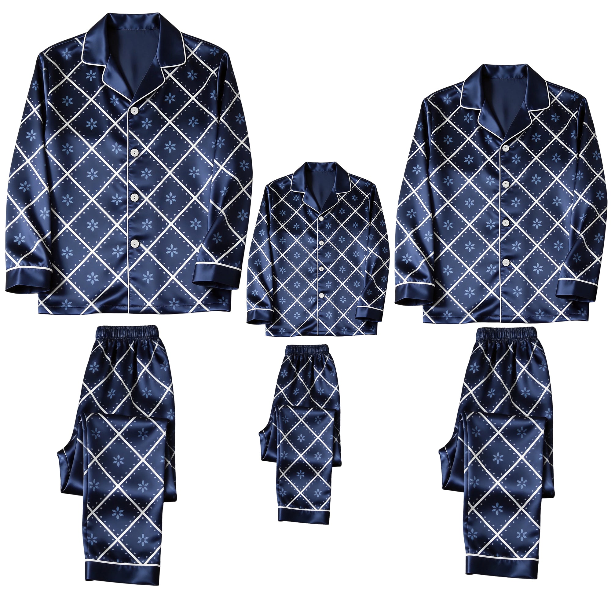 Navy Blue White Diamond Grid Floral Print Satin Button-Up Family Christmas Pajamas Set