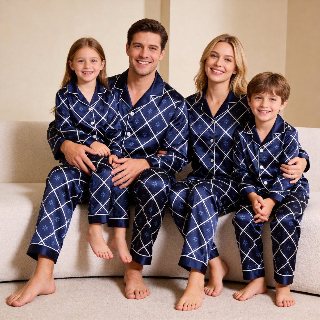 Navy Blue White Diamond Grid Floral Print Satin Button-Up Family Christmas Pajamas Set