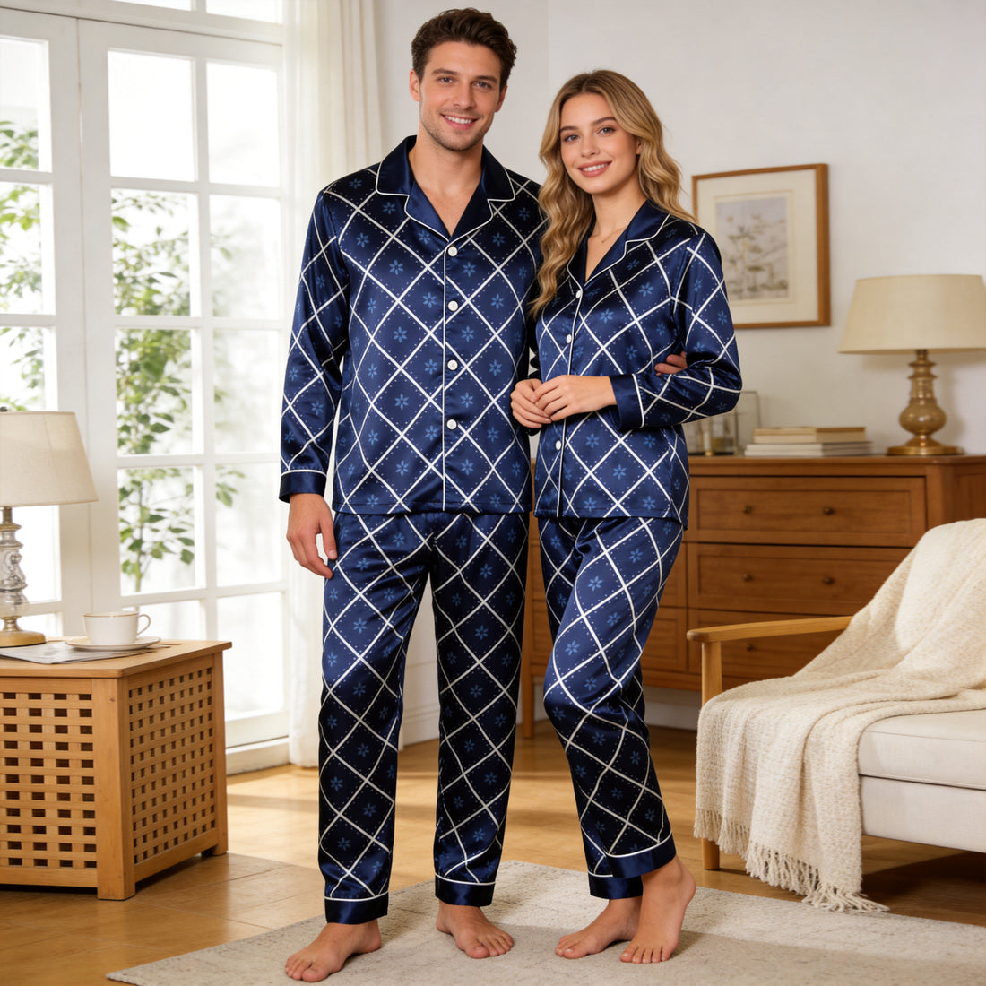 Navy Blue Floral Diamond Grid Satin Matching Pajamas for Couples – Long Sleeve Button-Down Top & Pants Sleepwear Set