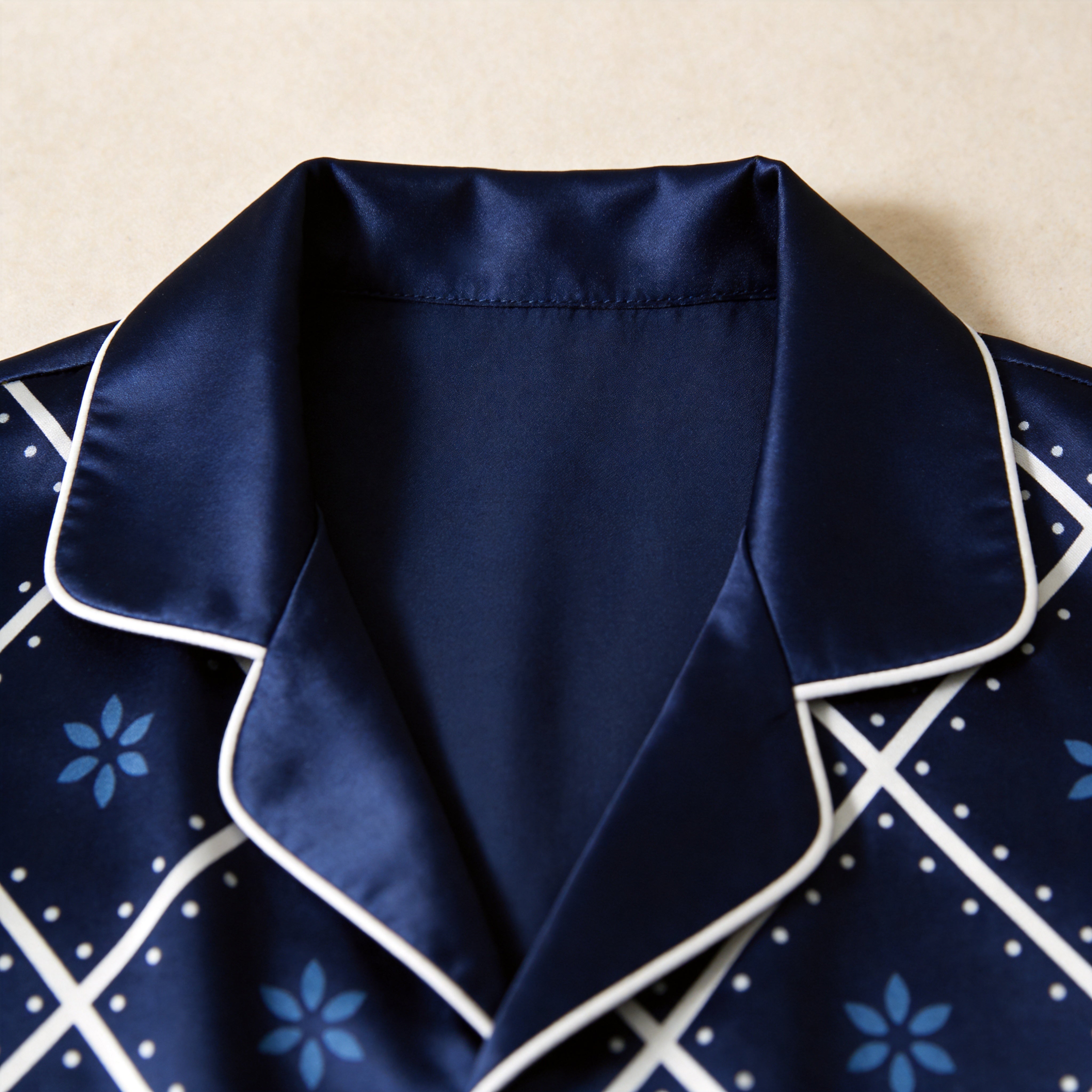 Navy Blue White Diamond Grid Floral Print Satin Button-Up Family Christmas Pajamas Set