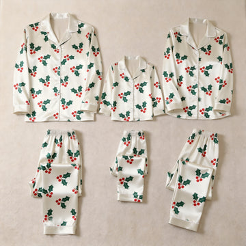 White Holly Berry Print Satin Button-Up Family Christmas Pajamas Set