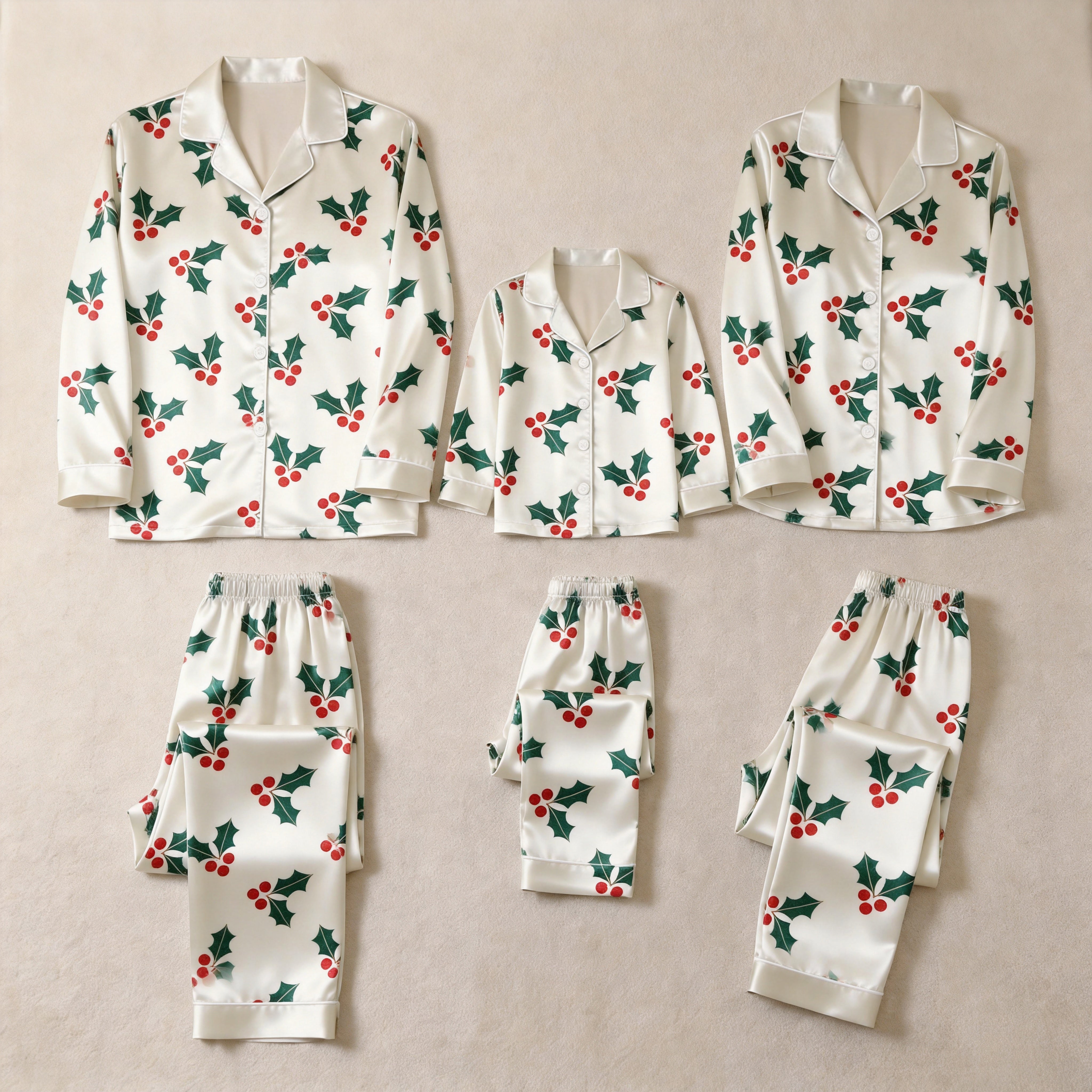 White Holly Berry Print Satin Button-Up Family Christmas Pajamas Set