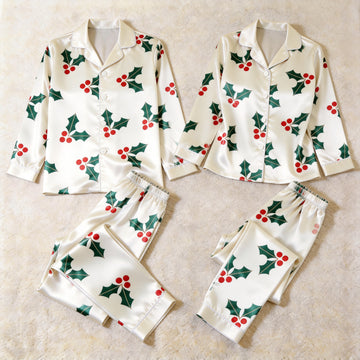 Classic Holly Berry Print Satin Matching Pajamas for Couples – Long Sleeve Button-Down Top & Pants Sleepwear Set