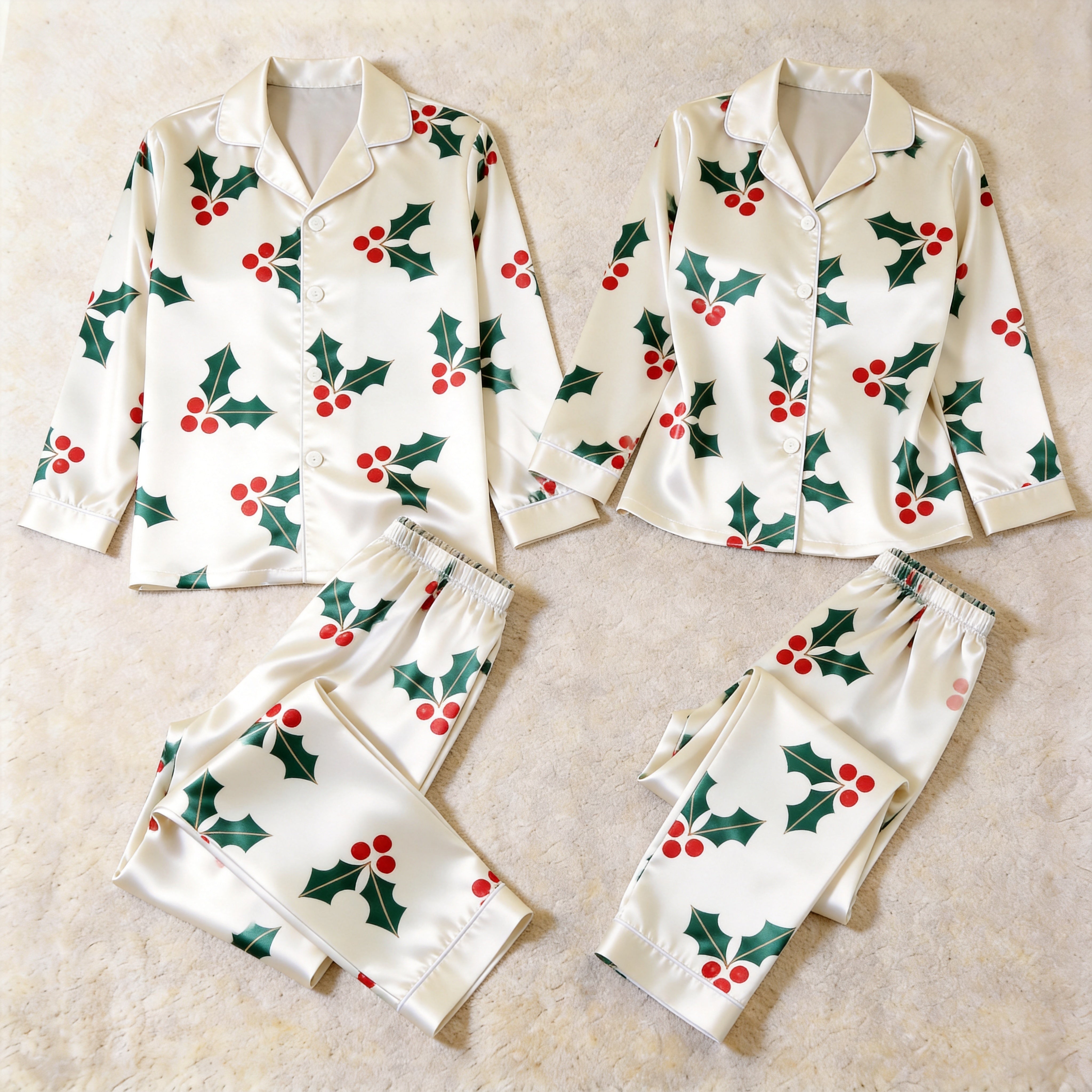 Classic Holly Berry Print Satin Matching Pajamas for Couples – Long Sleeve Button-Down Top & Pants Sleepwear Set