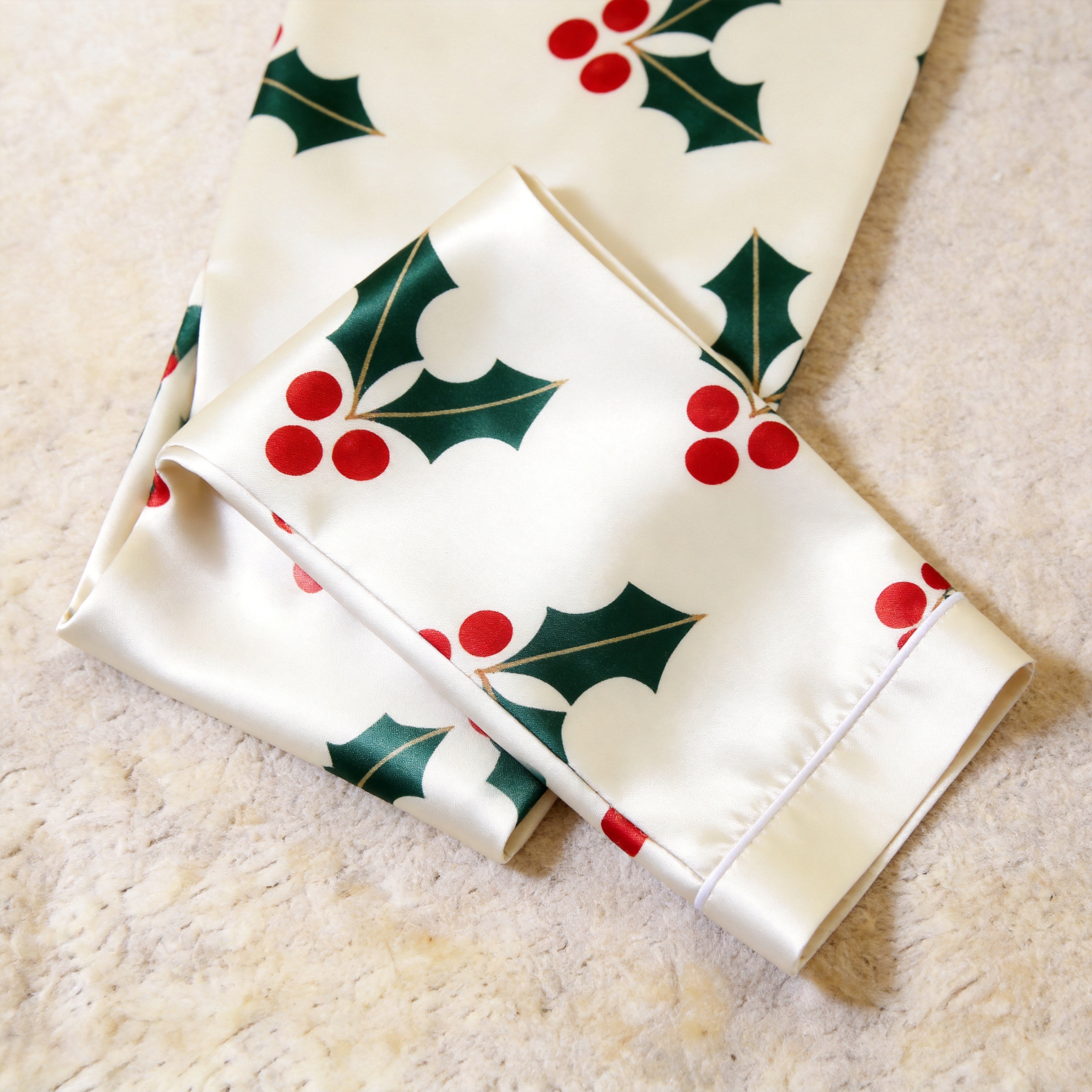 White Holly Berry Print Satin Button-Up Family Christmas Pajamas Set
