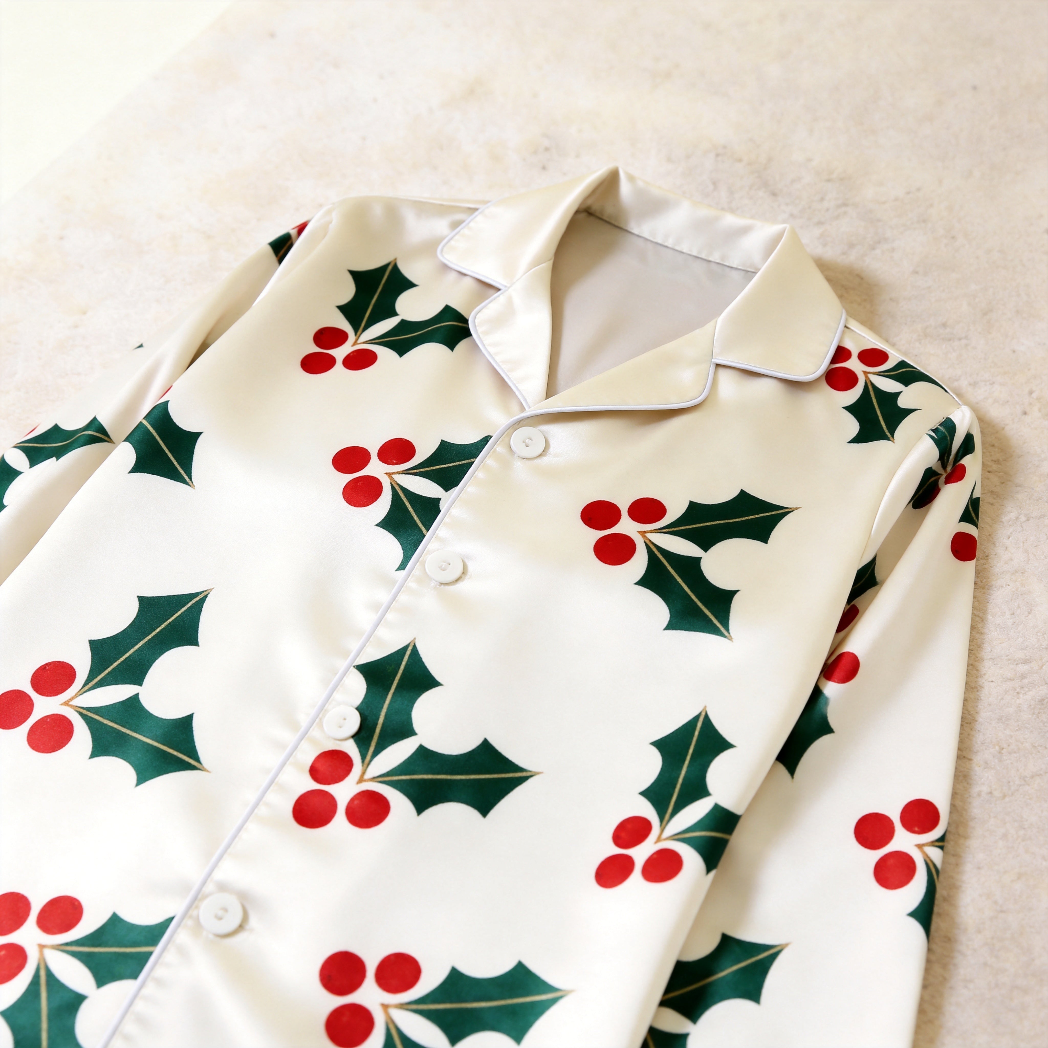 Classic Holly Berry Print Satin Matching Pajamas for Couples – Long Sleeve Button-Down Top & Pants Sleepwear Set