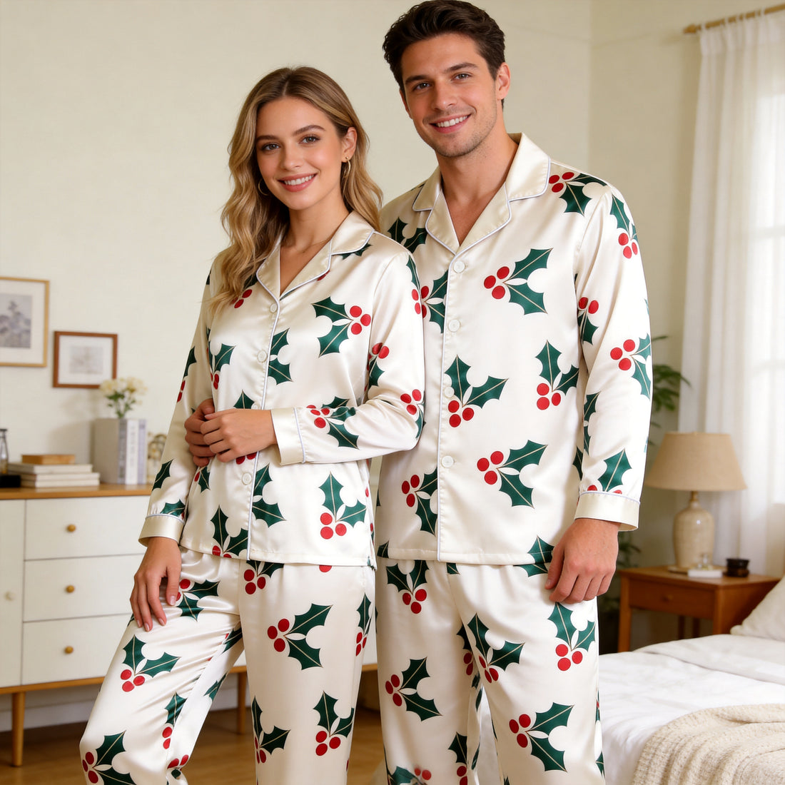 Classic Holly Berry Print Satin Matching Pajamas for Couples – Long Sleeve Button-Down Top & Pants Sleepwear Set