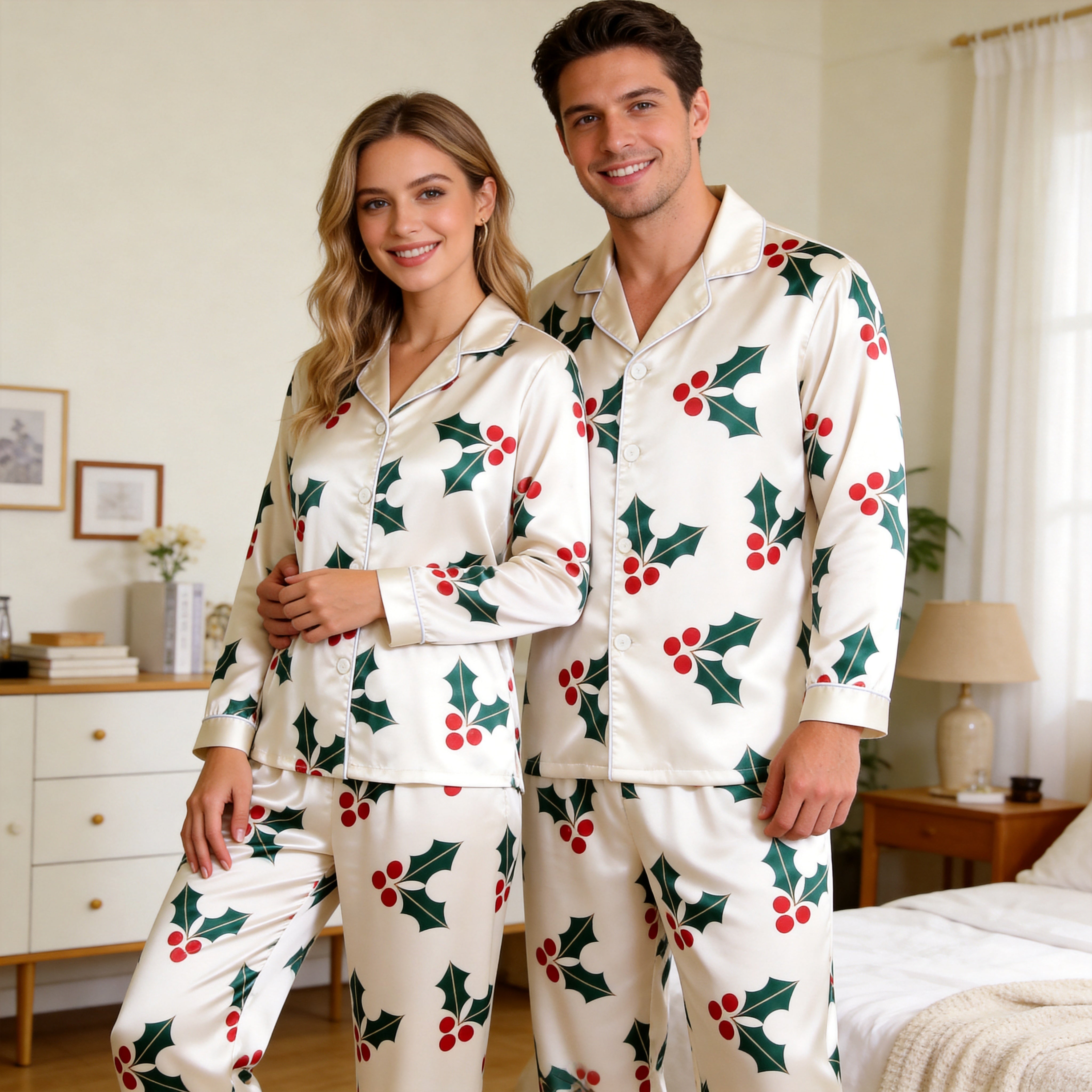 Classic Holly Berry Print Satin Matching Pajamas for Couples – Long Sleeve Button-Down Top & Pants Sleepwear Set