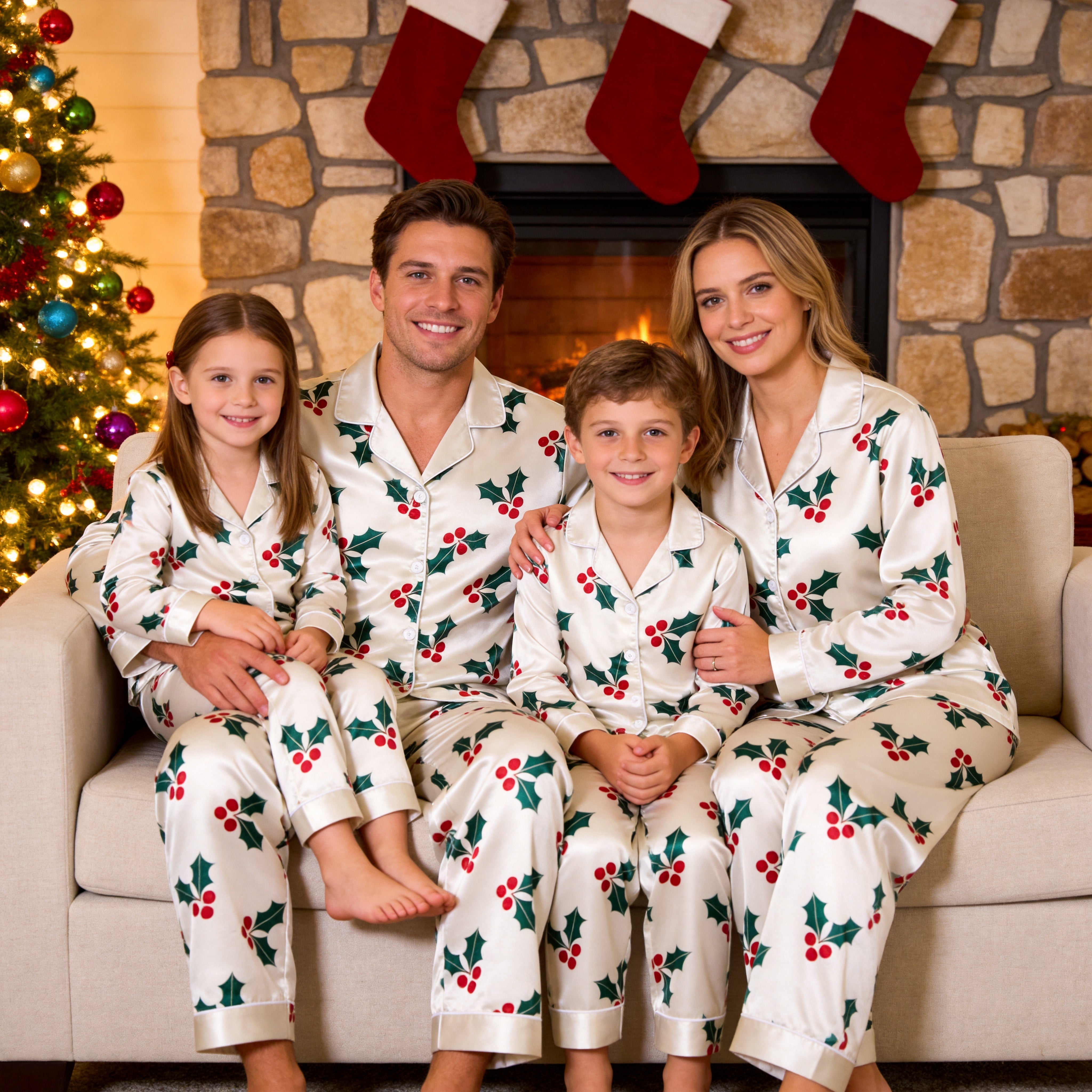 White Holly Berry Print Satin Button-Up Family Christmas Pajamas Set