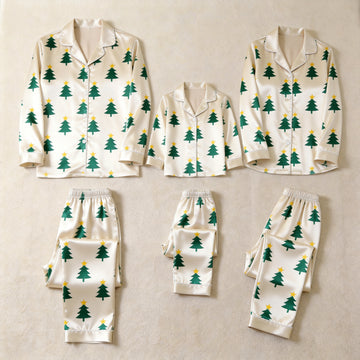 Cream Green Christmas Tree Yellow Star Print Satin Button-Up Family Christmas Pajamas Set