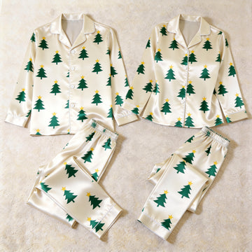 Cream Christmas Tree Print Satin Matching Pajamas for Couples – Long Sleeve Button-Down Top & Pants Sleepwear Set