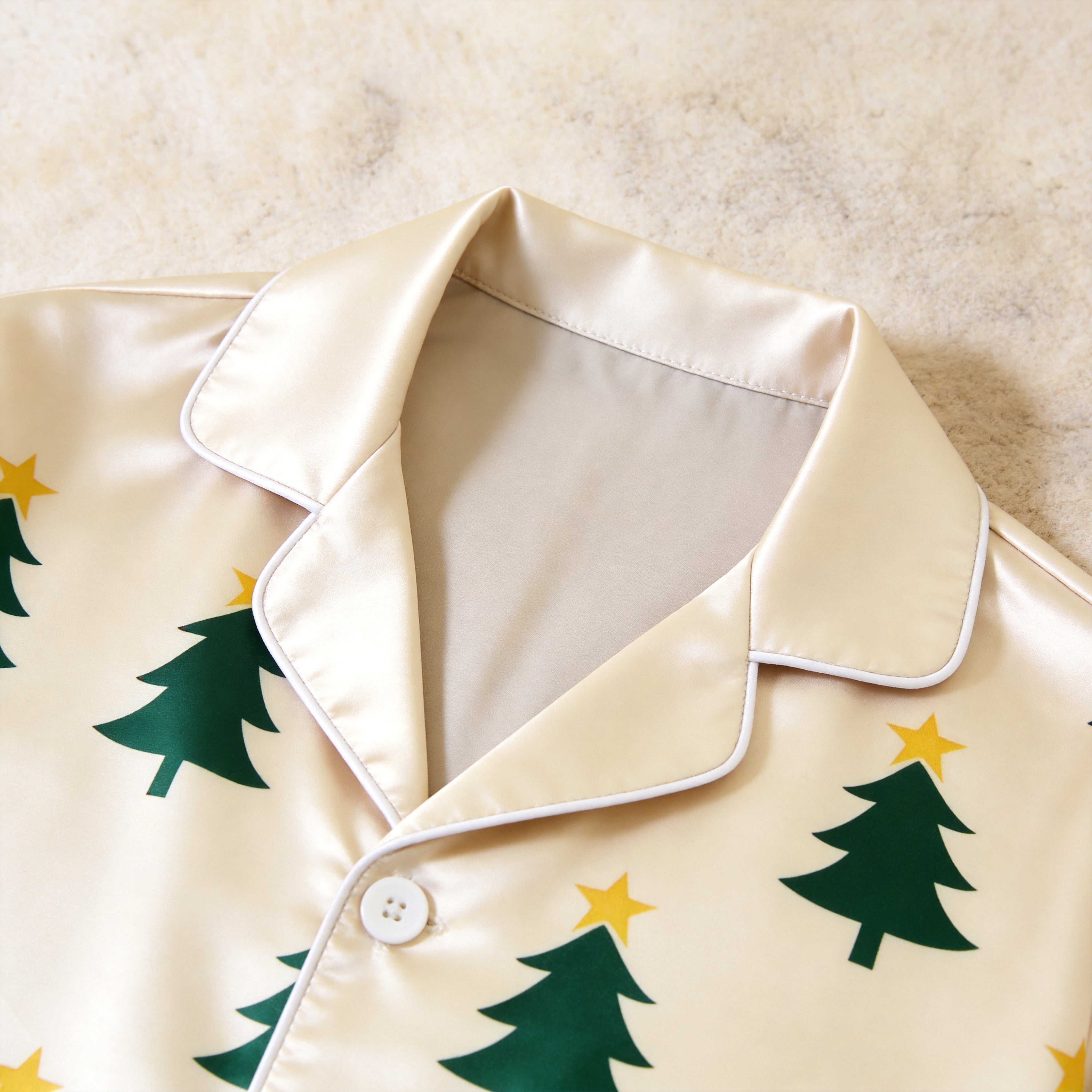 Cream Christmas Tree Print Satin Matching Pajamas for Couples – Long Sleeve Button-Down Top & Pants Sleepwear Set