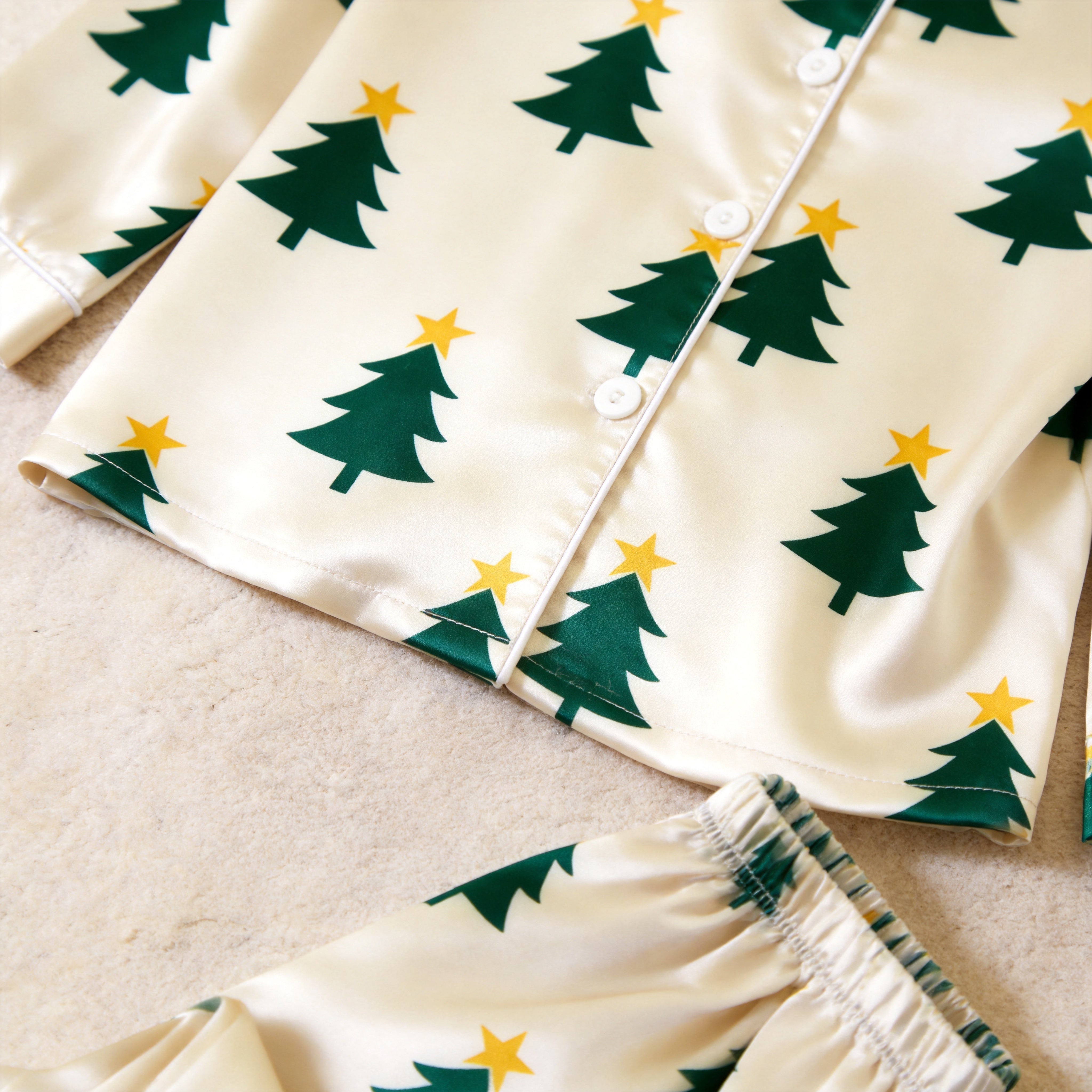 Cream Christmas Tree Print Satin Matching Pajamas for Couples – Long Sleeve Button-Down Top & Pants Sleepwear Set