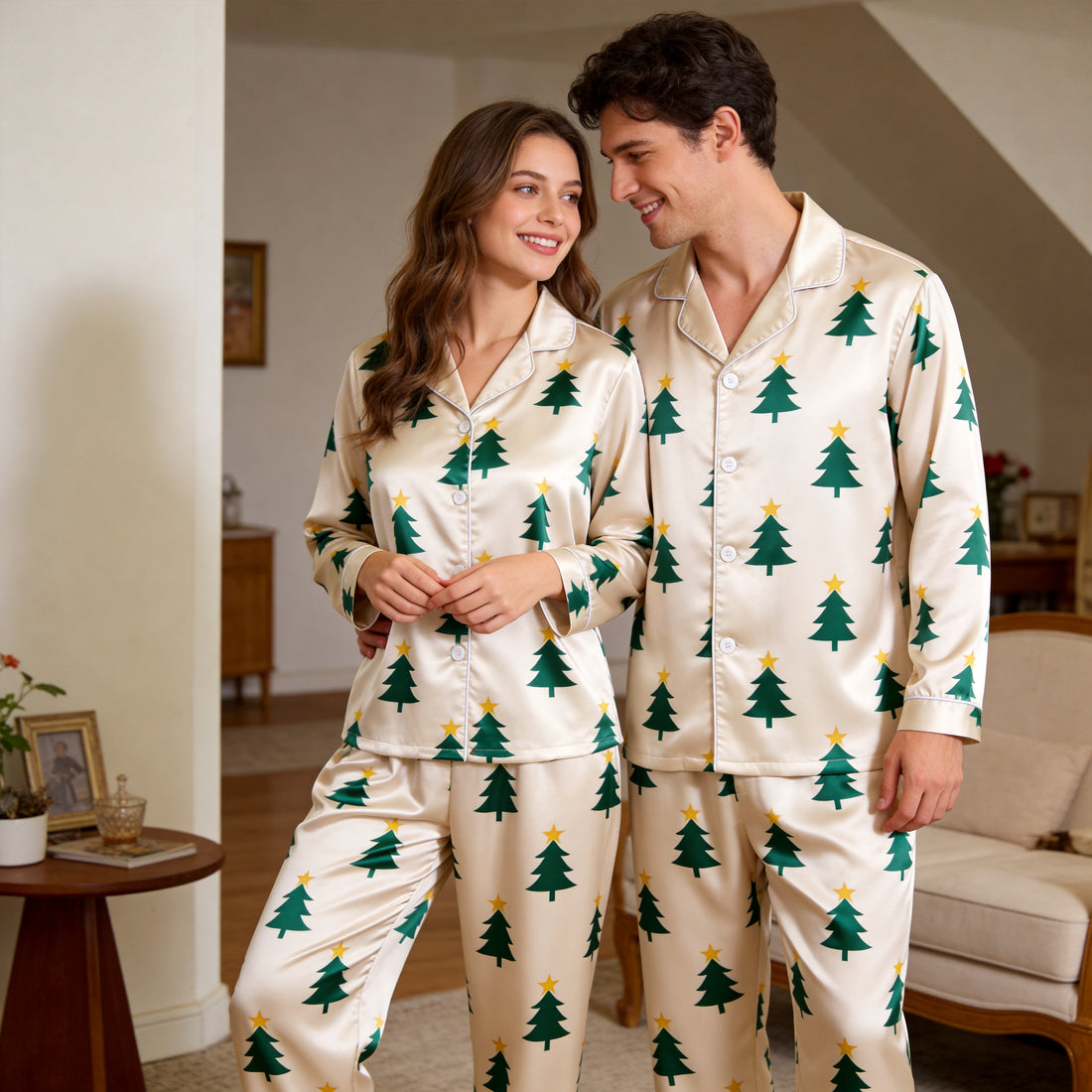 Cream Christmas Tree Print Satin Matching Pajamas for Couples – Long Sleeve Button-Down Top & Pants Sleepwear Set