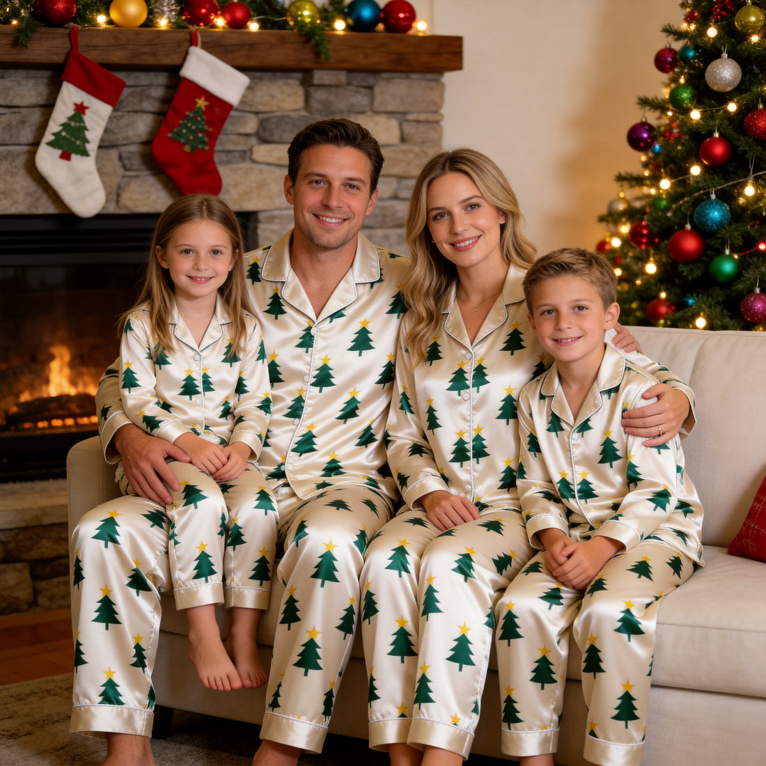 Cream Green Christmas Tree Yellow Star Print Satin Button-Up Family Christmas Pajamas Set