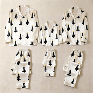 White Black Christmas Tree Yellow Star Print Satin Button-Up Family Christmas Pajamas Set