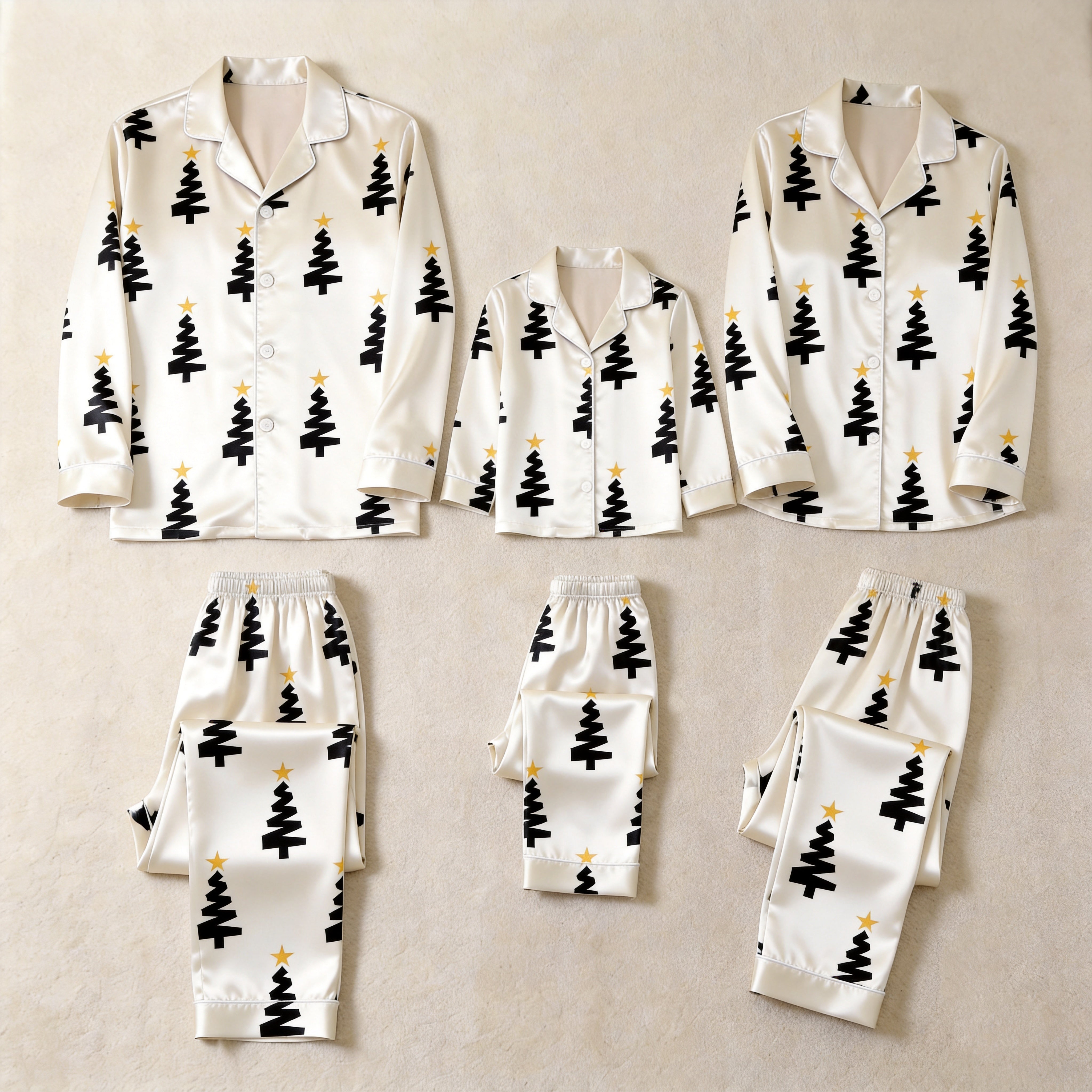 White Black Christmas Tree Yellow Star Print Satin Button-Up Family Christmas Pajamas Set