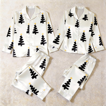Modern Black Christmas Tree & Star Satin Matching Pajamas for Couples – Long Sleeve Button-Down Top & Pants Sleepwear Set