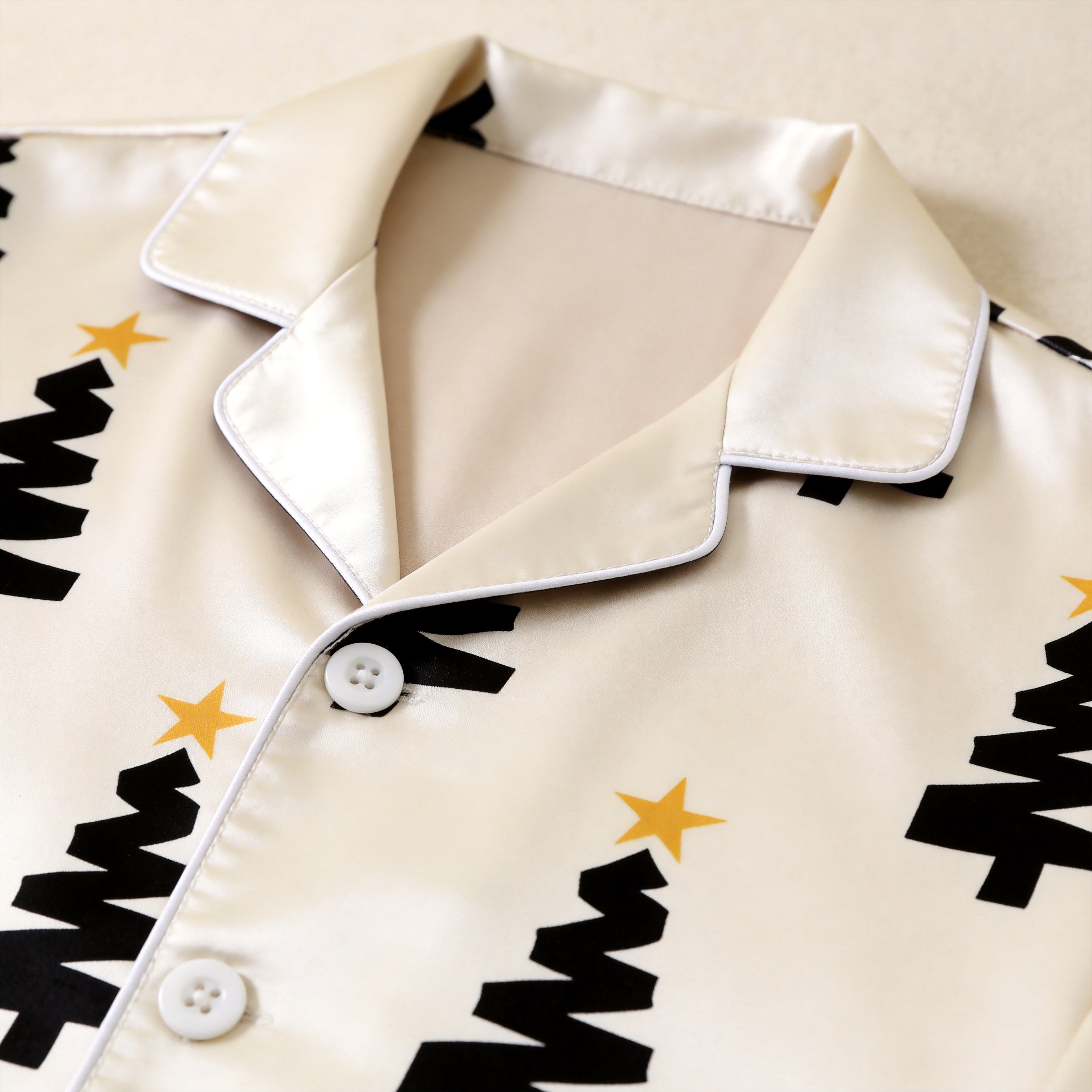 Modern Black Christmas Tree & Star Satin Matching Pajamas for Couples – Long Sleeve Button-Down Top & Pants Sleepwear Set