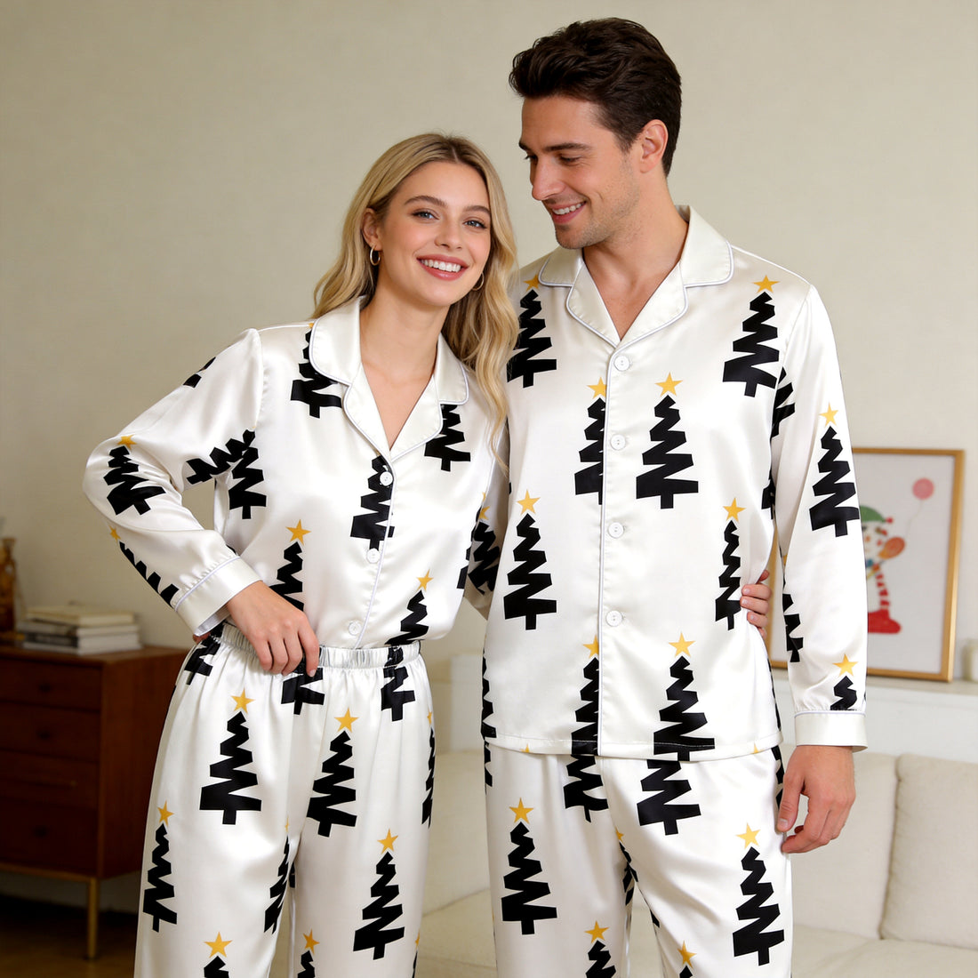 Modern Black Christmas Tree & Star Satin Matching Pajamas for Couples – Long Sleeve Button-Down Top & Pants Sleepwear Set